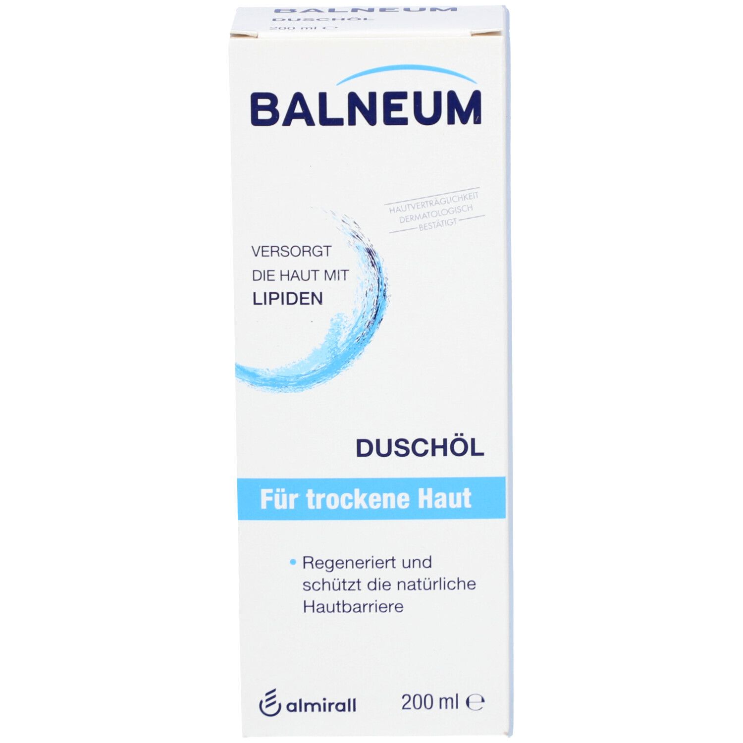BALNEUM Duschöl Verpackung. Weißer Karton mit Aufschrift: BALNEUM, Duschöl, Für trockene Haut.