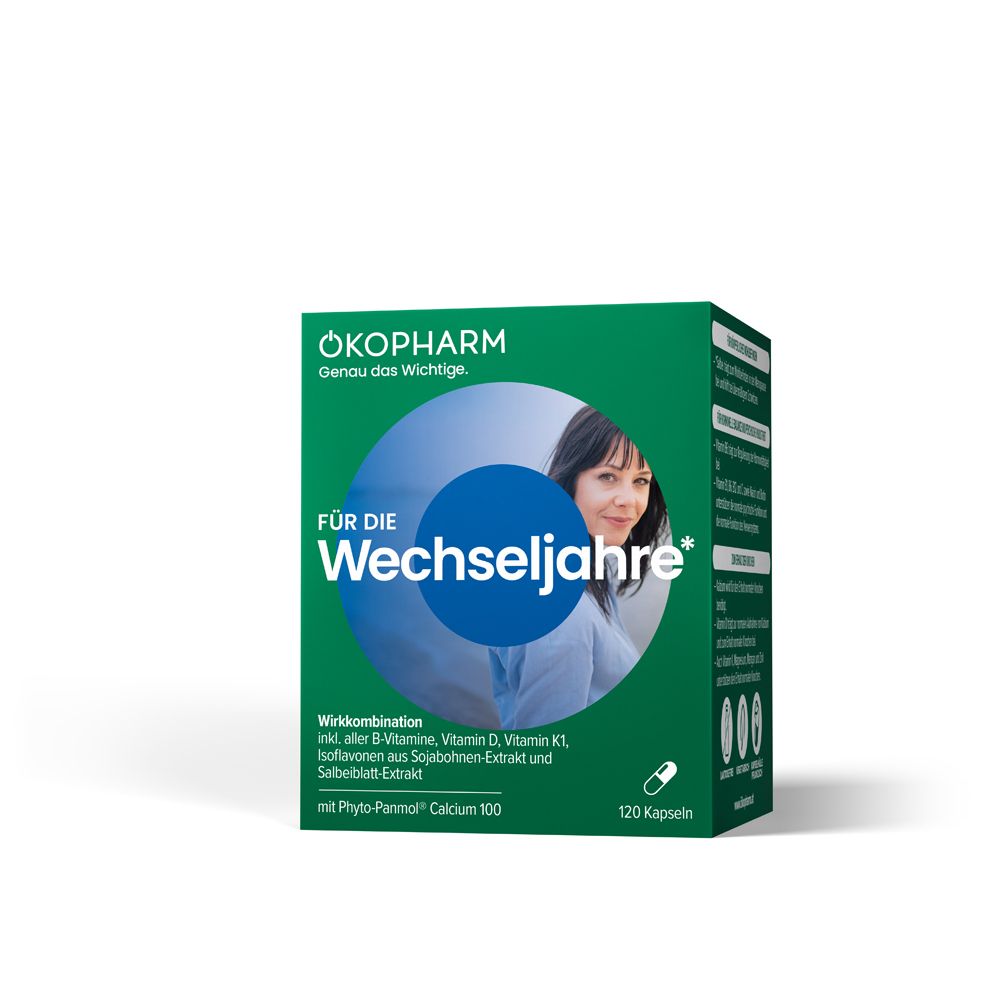 Grüne Schachtel mit Produktnamen und Aufschrift "Für die Wechseljahre". Enthält 120 Kapseln.