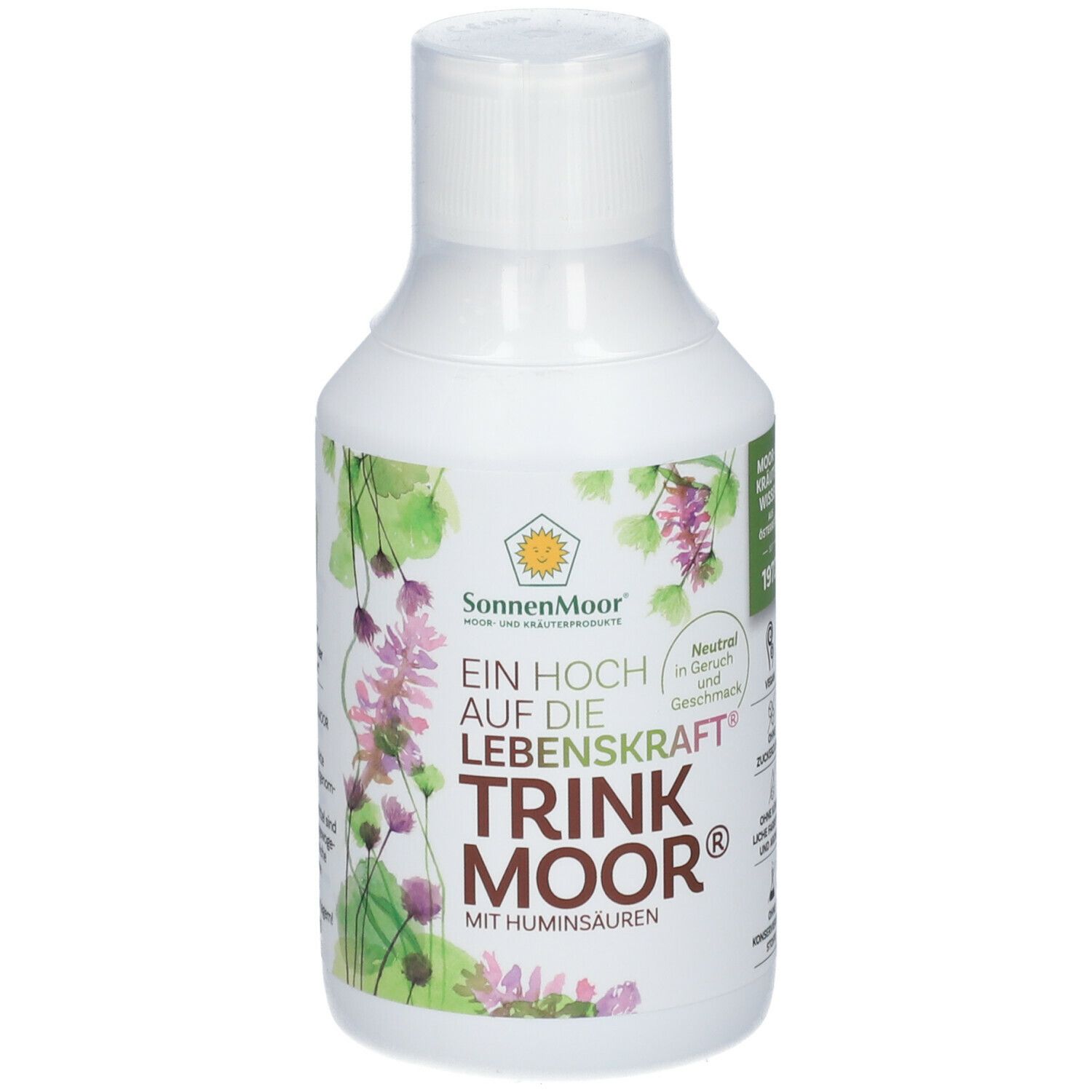 Weiße Flasche mit SonnenMoor Trinkmoor-Etikett. Text: Ein Hoch auf die Lebenskraft, Trink Moor, mit Huminsäuren. Logo.
