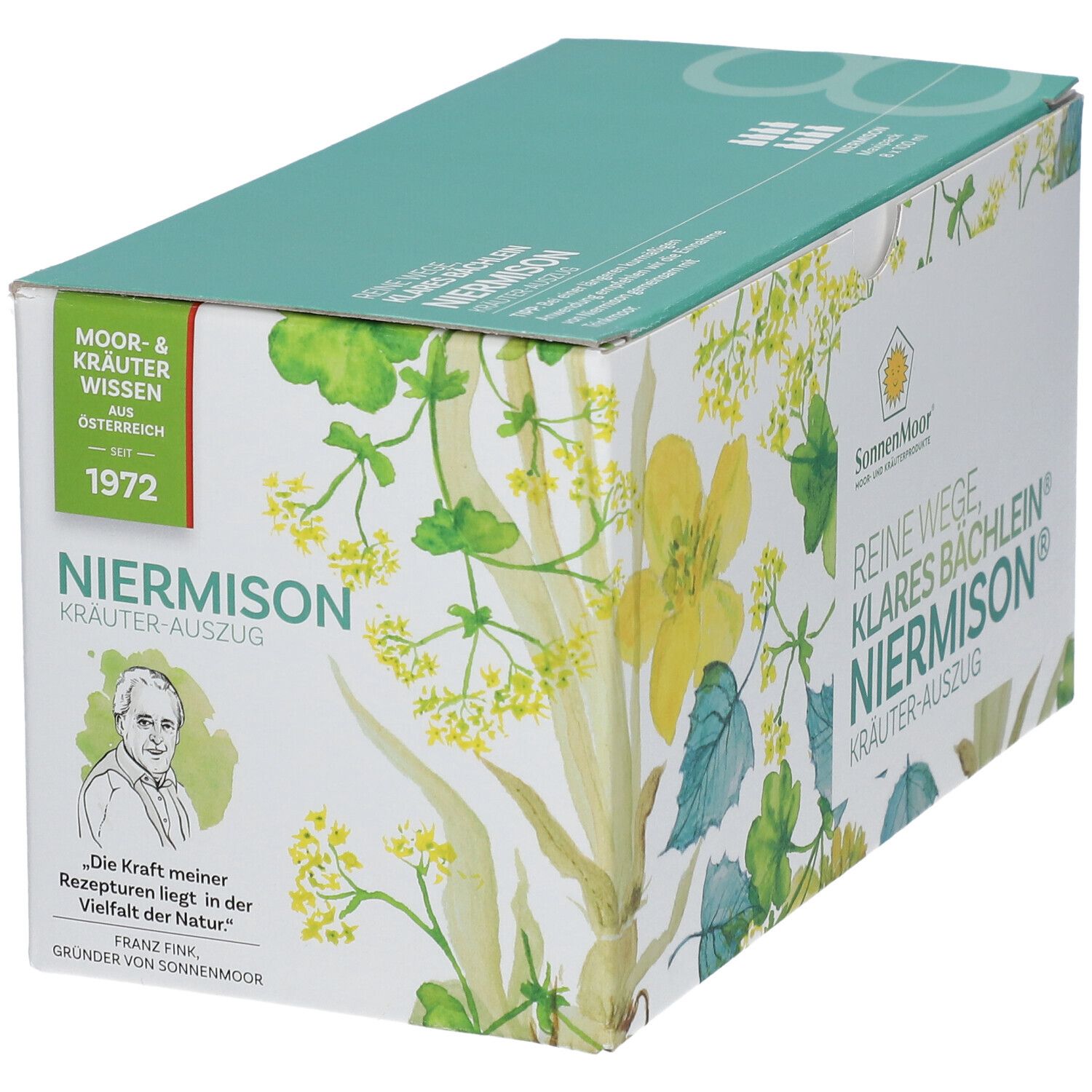 Karton von Niermison. Aufdruck mit floralen Motiven, Produktnamen und Logo. Grün-weißes Design.