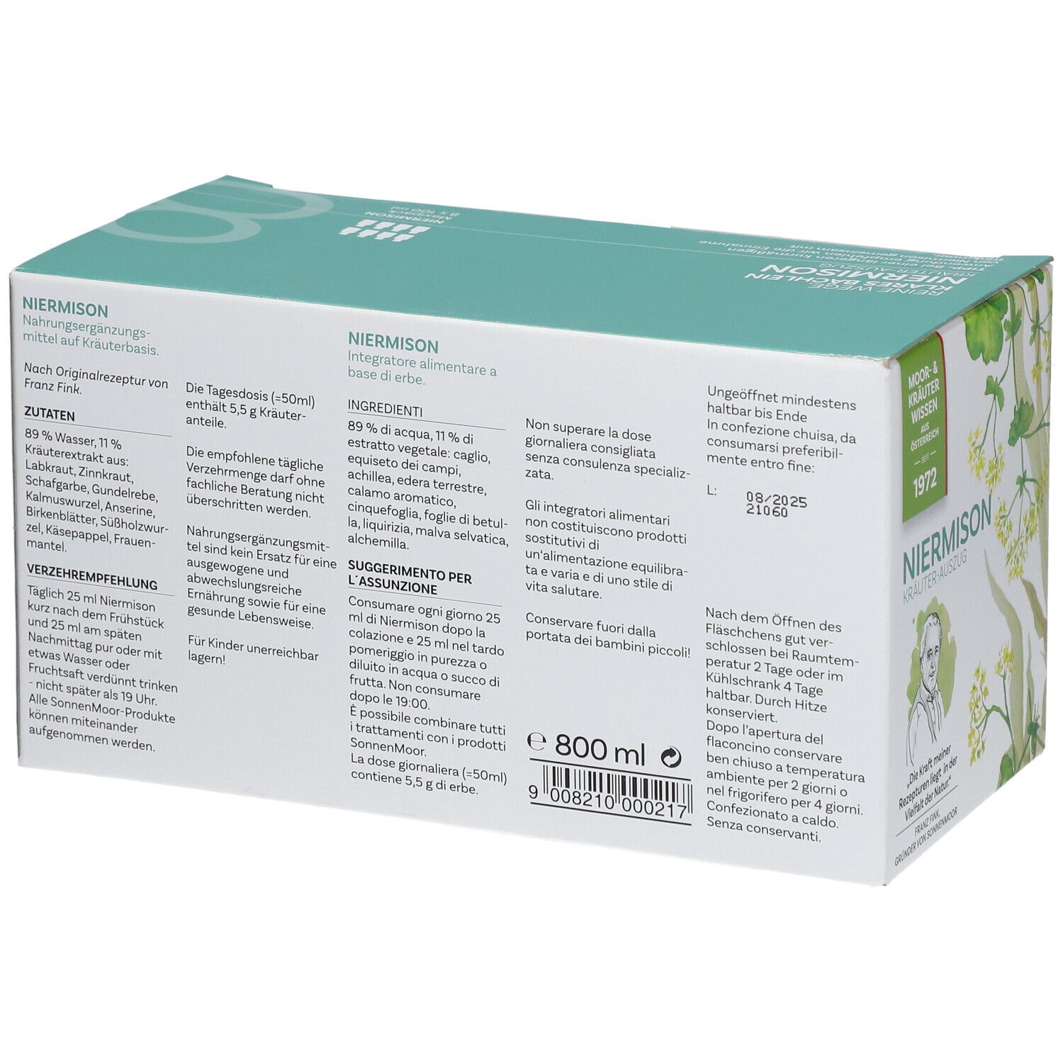 Rückseite der Niermison-Verpackung. Text in Deutsch und Italienisch. Enthält Informationen zu Inhaltsstoffen und Anwendung.