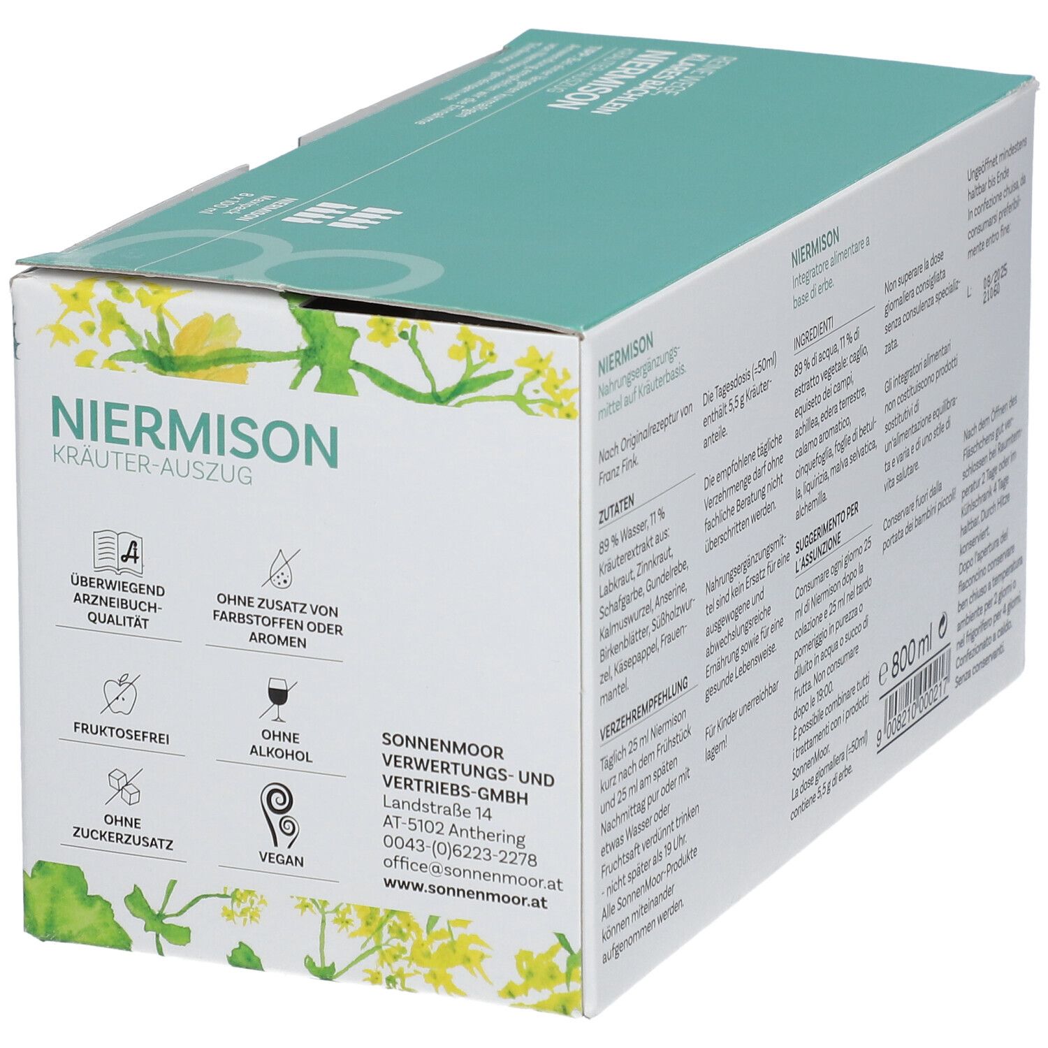 Niermison-Karton mit Logo und Text. Enthält Informationen zu Inhaltsstoffen und Zertifizierungen. Grün-weißes Design.