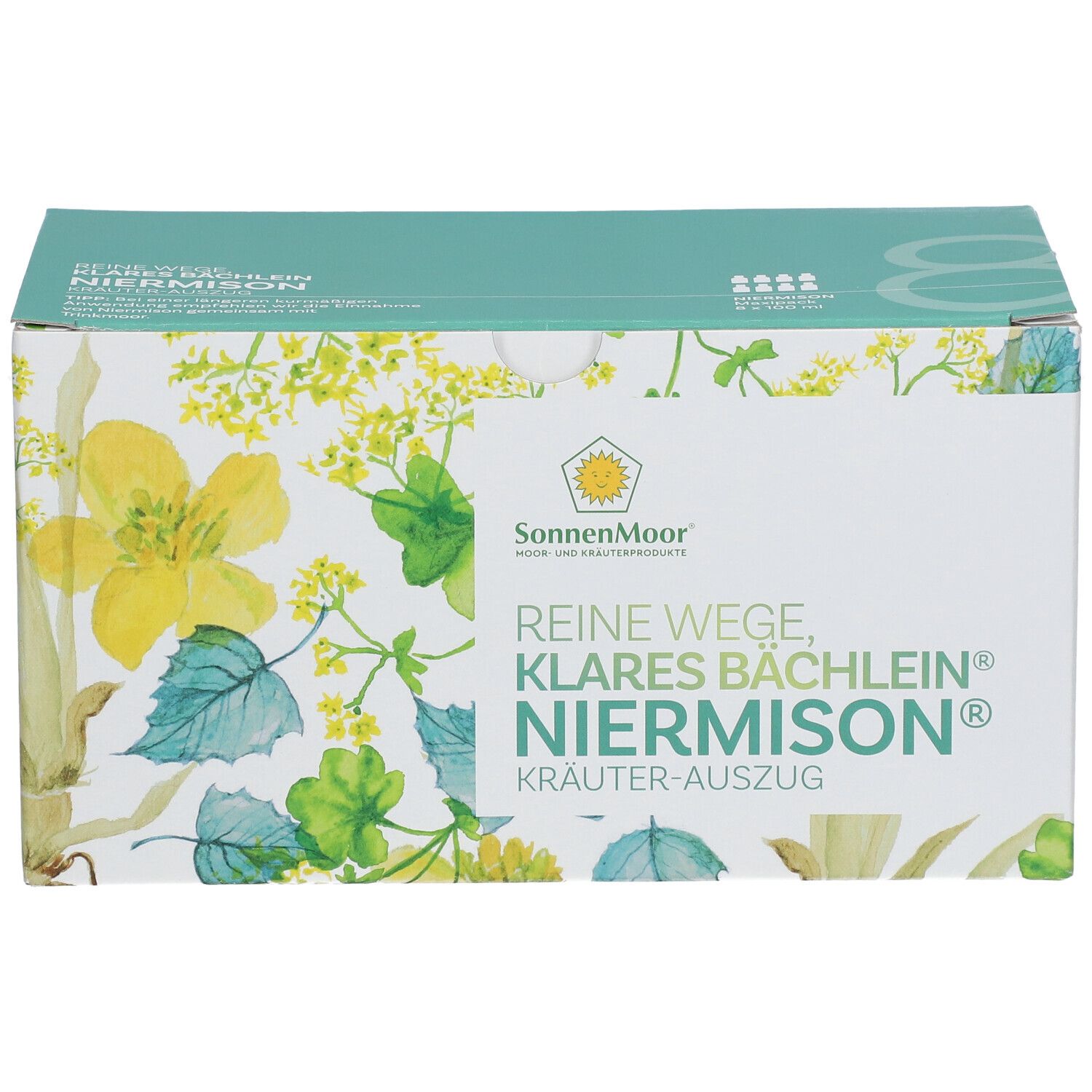 Karton mit SonnenMoor Niermison. Aufdruck mit floralen Motiven und Produktnamen. Grün-weißes Design.