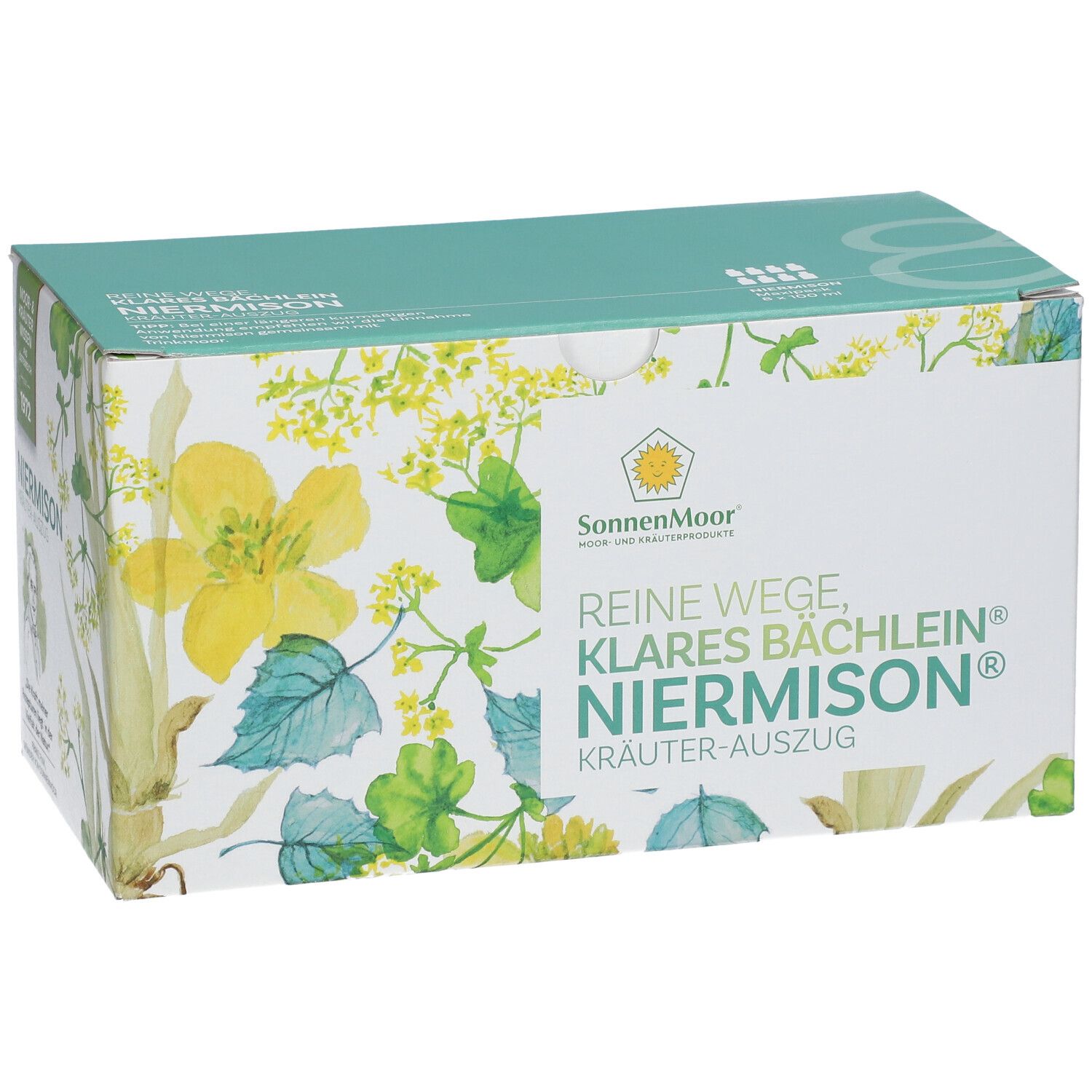 Karton mit SonnenMoor Niermison. Aufdruck mit floralen Motiven und Produktnamen. Grün-weißes Design.