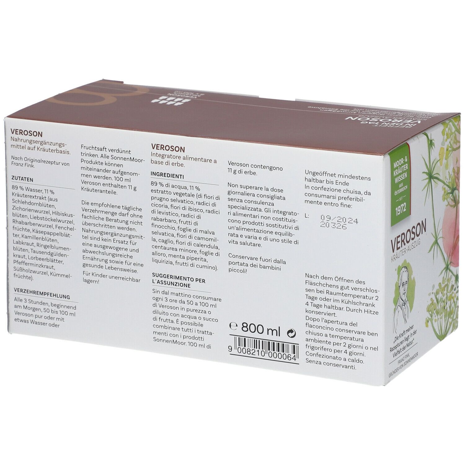 Dos de la boîte Veroson Kräuterauszug. Ingrédients, informations nutritionnelles et instructions. 800 ml.
