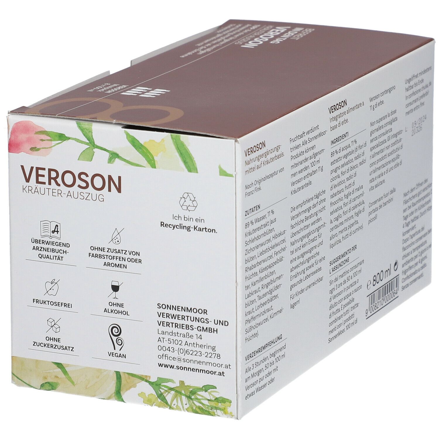 Boîte Veroson Kräuterauszug. Texte: Sans arômes, sucre, alcool. 800 ml. Symbole de recyclage.