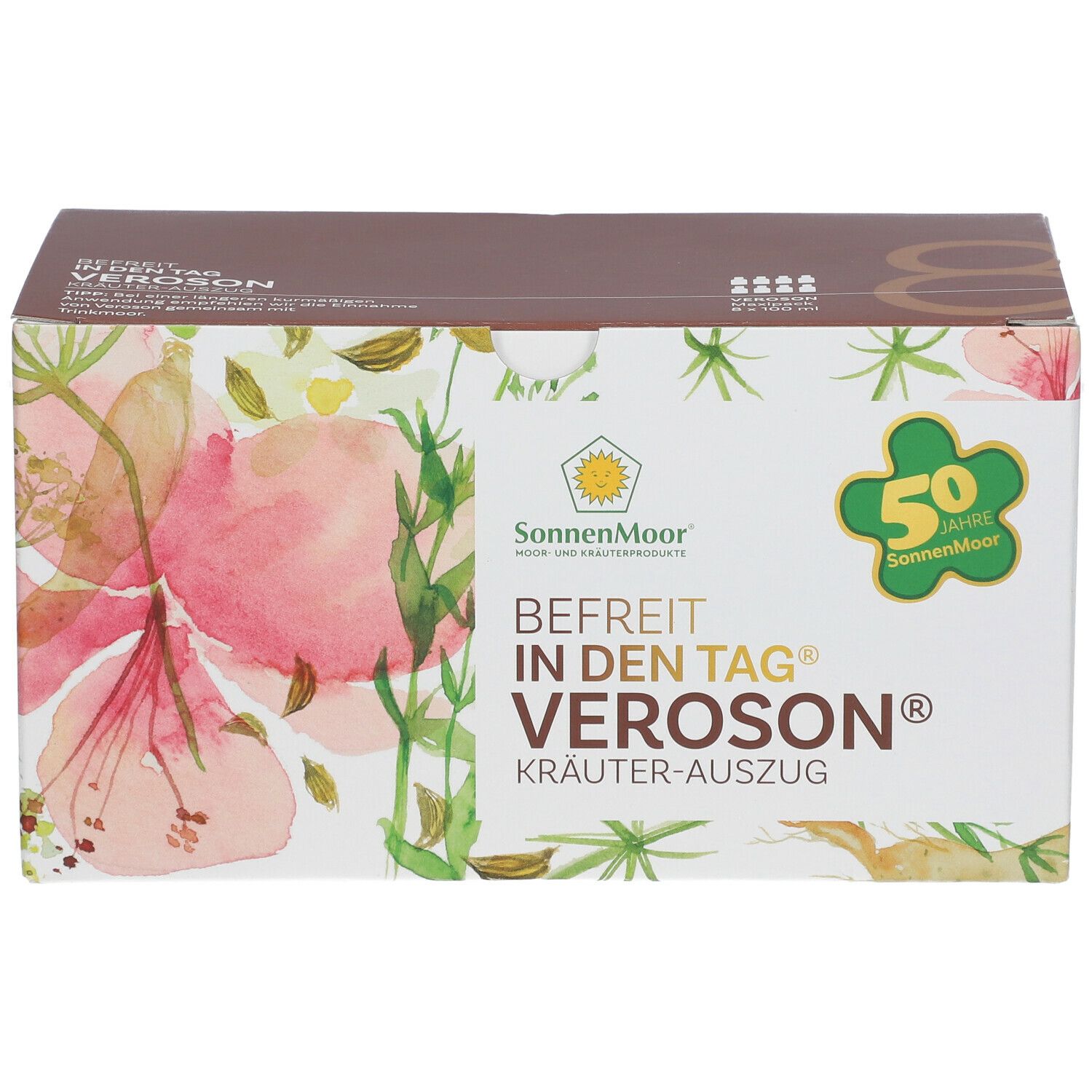 Boîte Veroson Kräuterauszug. Design floral, logo SonnenMoor et 50 ans. Texte: Befreit in den Tag.