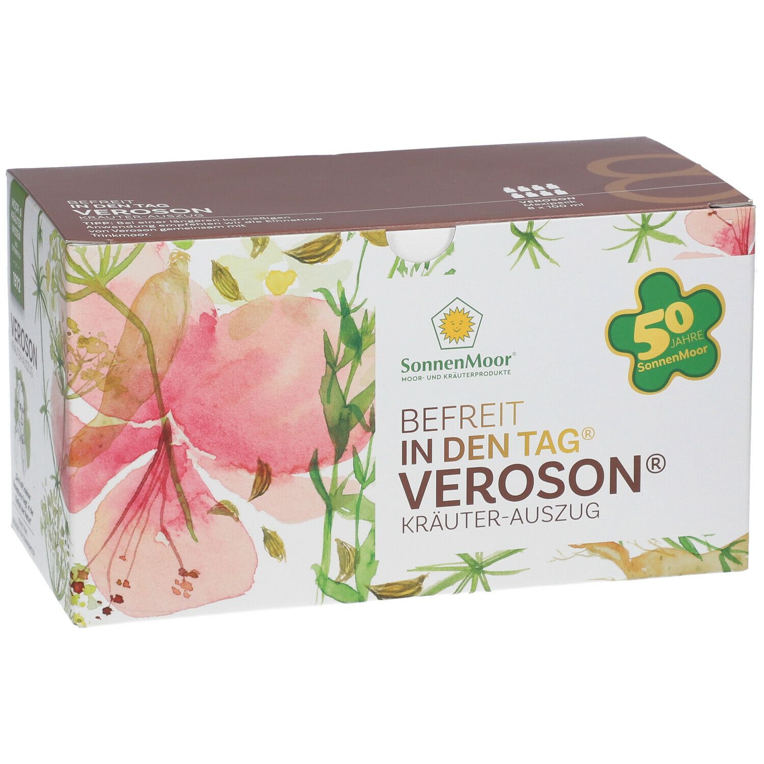 Boîte Veroson Kräuterauszug. Design floral, logo SonnenMoor et 50 ans. Texte: Befreit in den Tag.