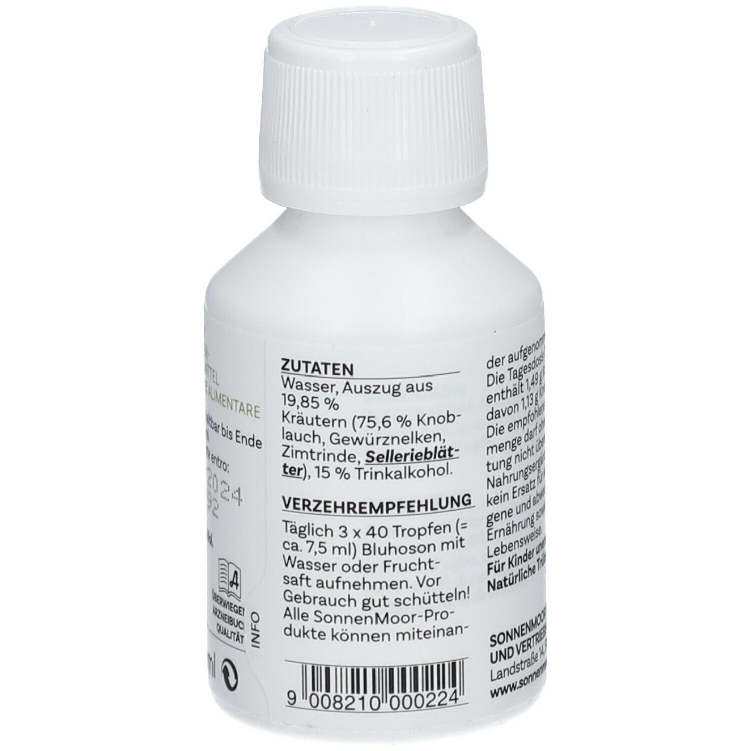 Weiße Flasche mit Schraubverschluss. Etikett mit Zutatenliste, Verzehrempfehlung und Barcode.