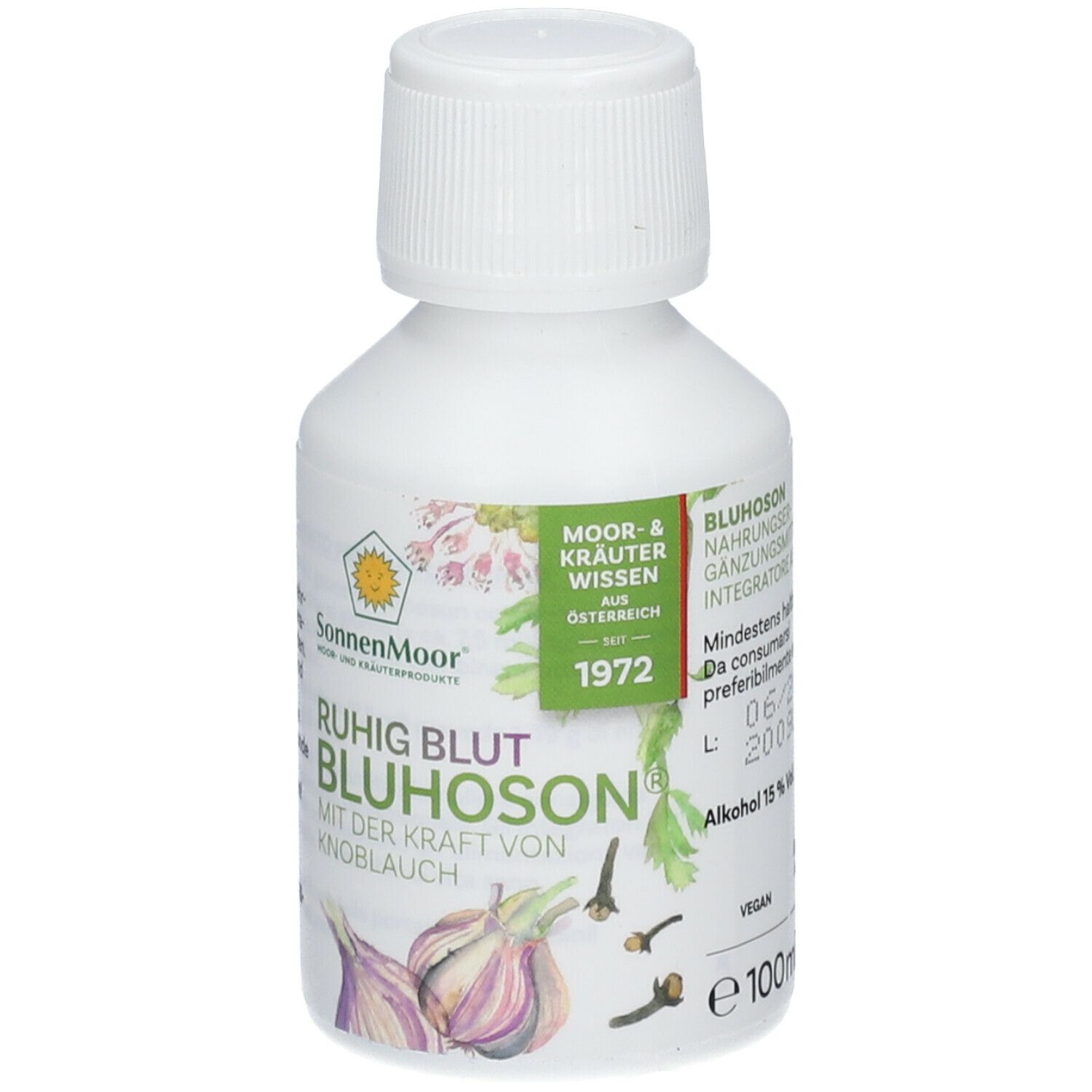 Weiße Flasche mit Schraubverschluss. Etikett mit Produktnamen, Knoblauch-Illustration, SonnenMoor-Logo und 100ml.