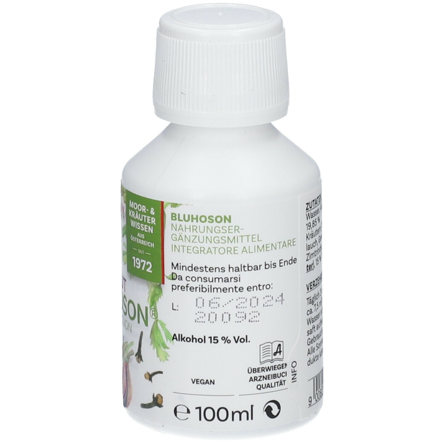 Weiße Flasche mit Schraubverschluss. Etikett mit Mindesthaltbarkeitsdatum, Alkoholgehalt und 100ml.