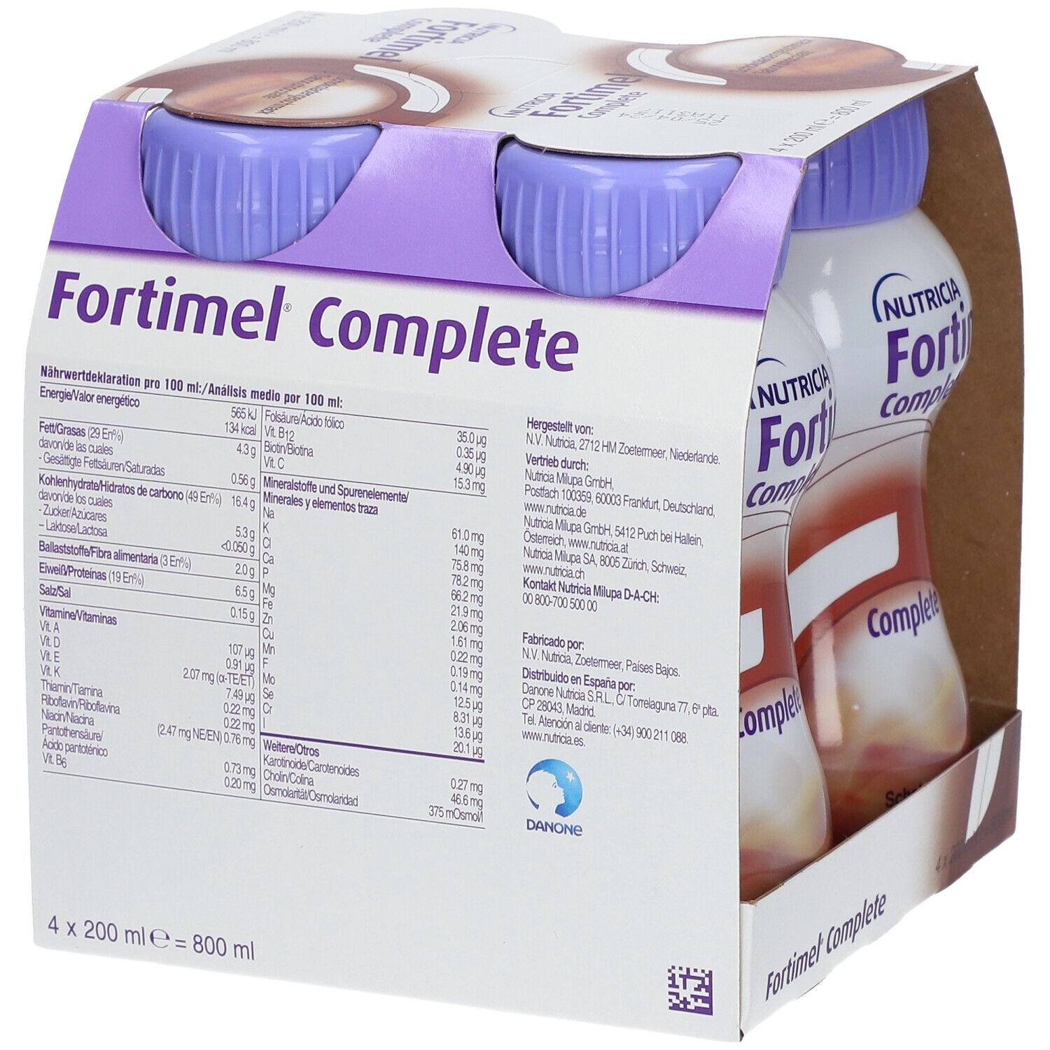 Packung mit vier Flaschen Fortimel Complete Schokolade. Rückseite mit Nährwertangaben und Herstellerinformationen. Flaschen mit lila Deckeln.
