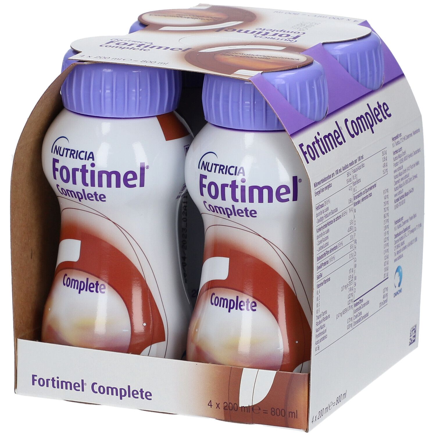 Packung mit vier Flaschen Fortimel Complete Schokolade. Flaschen mit lila Deckeln, in Pappverpackung. Produktname und Logo.