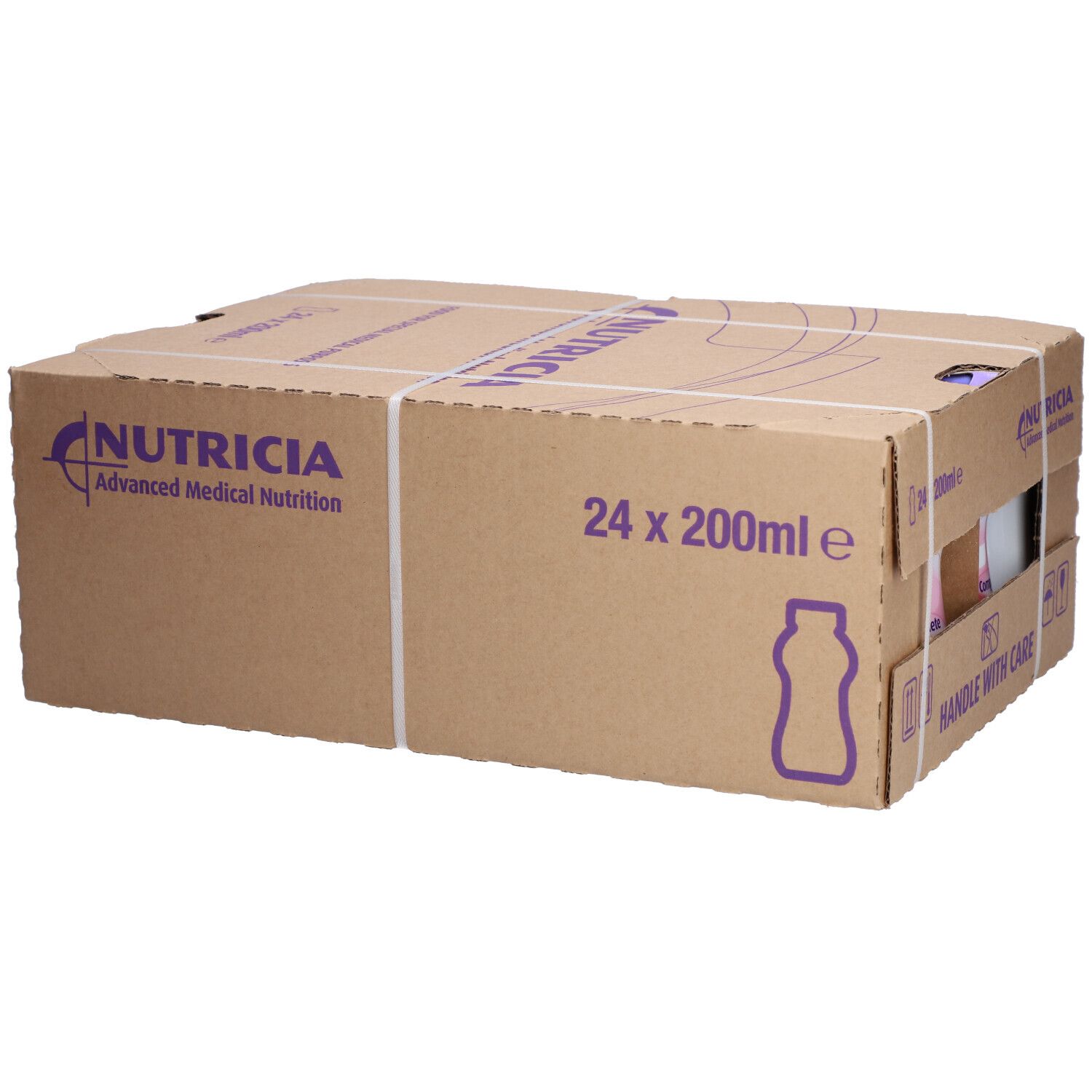 Karton mit 24 Flaschen. Aufschrift: Nutricia. Abbildung einer Flaschenform.