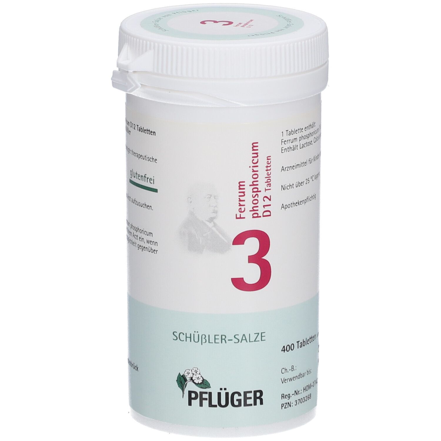 Weißes Tabletten-Behältnis mit roter "3" und Aufschrift "Schüßler-Salze". Pflüger-Logo unten.