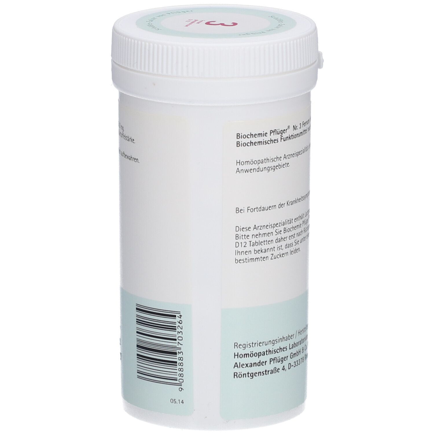 Weiße Tabletten-Dose mit Barcode und Text. "Biochemie Pflüger" und Logo.