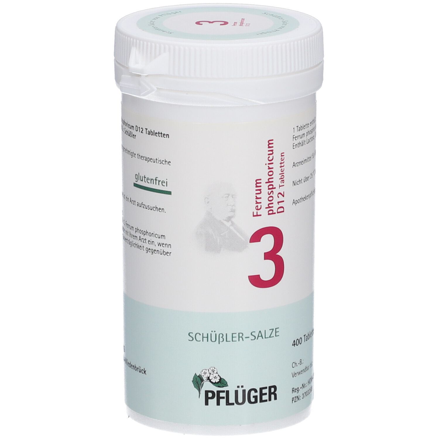 Weiße Tabletten-Dose mit roter "3" und Text. "Schüßler-Salze" und Pflüger-Logo.