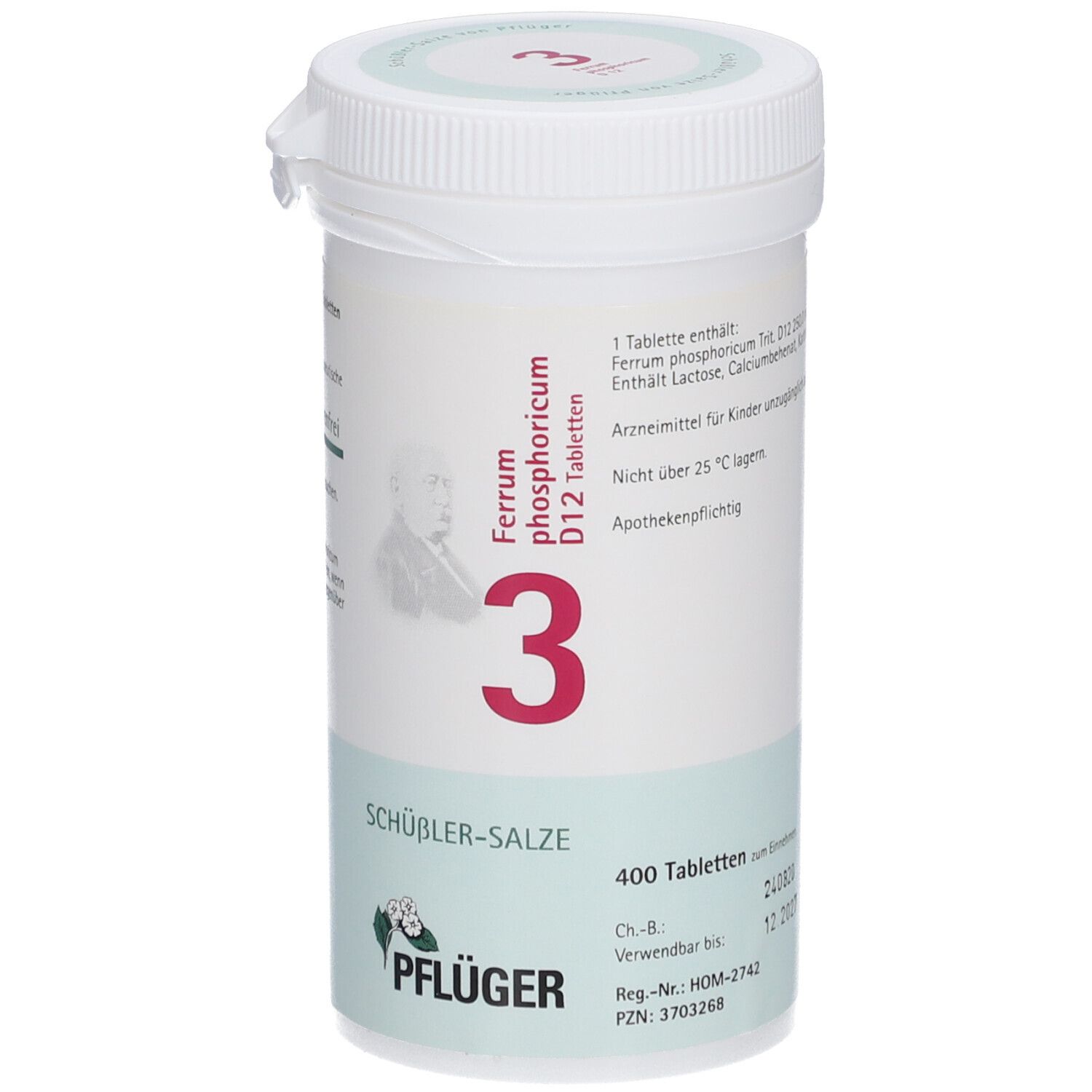 Weiße Tabletten-Dose mit roter "3" und Text. "Schüßler-Salze" und Pflüger-Logo.