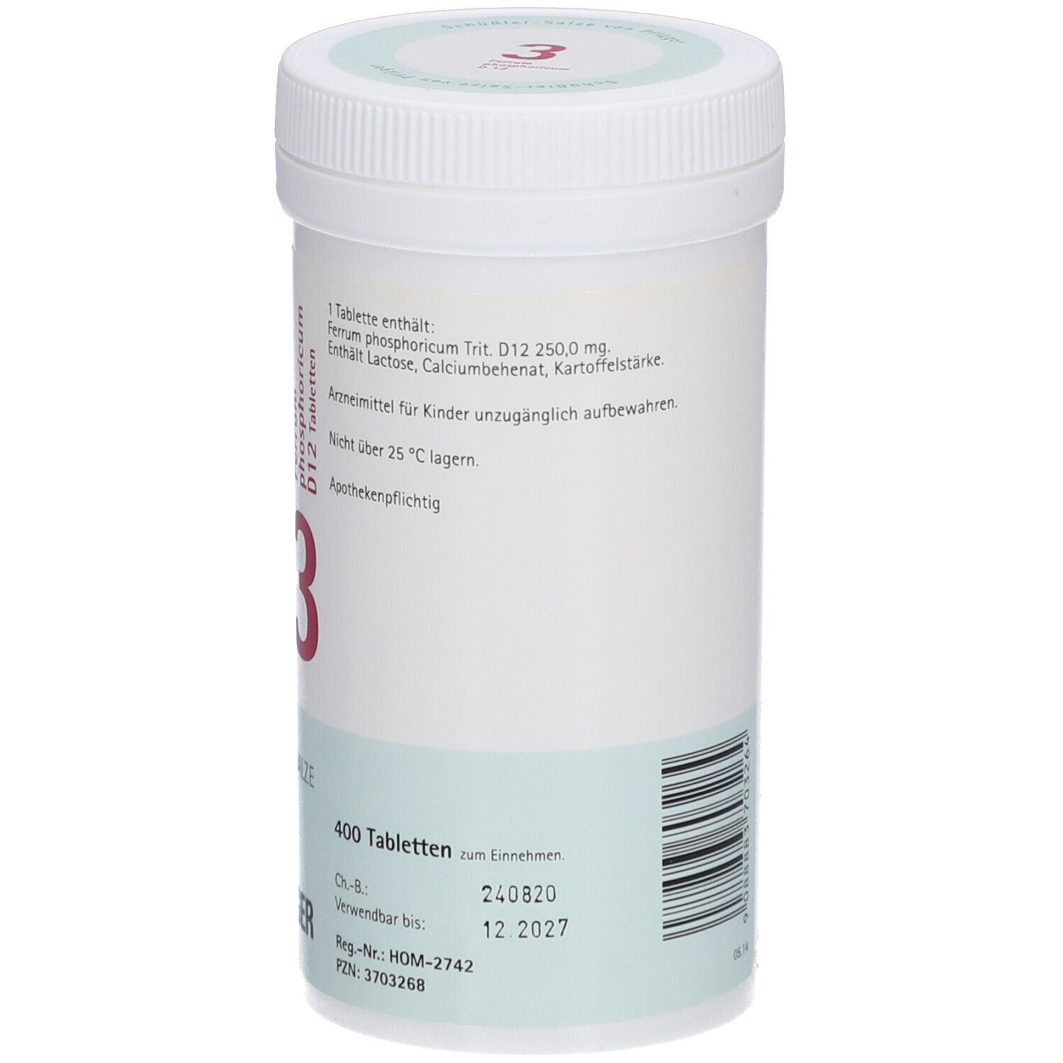 Weiße Tabletten-Dose mit roter "3" und Text. "Schüßler-Salze" und Pflüger-Logo.
