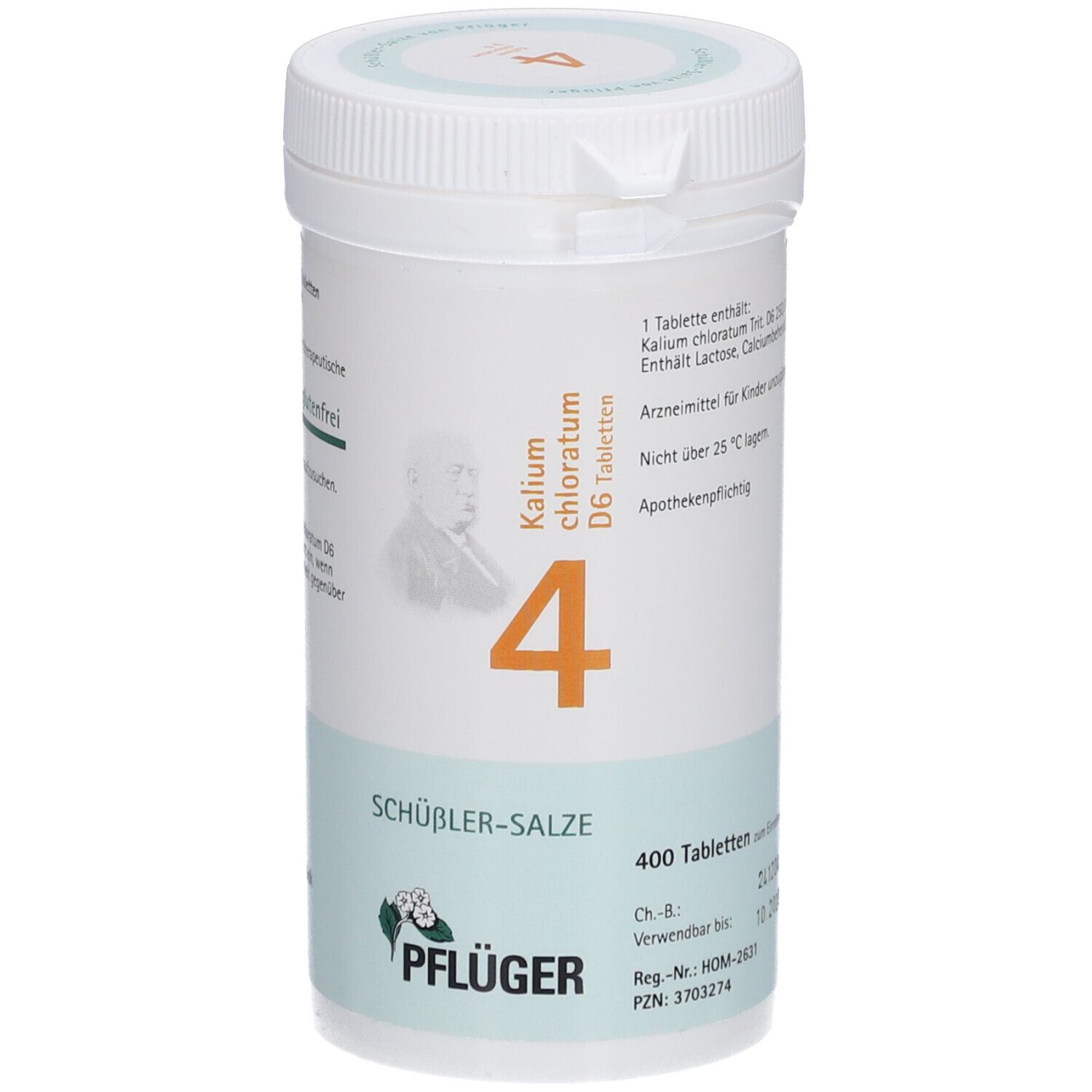 Weiße Tabletten-Dose mit Aufschrift 'Schüßler-Salze 4 Kalium chloratum D6 Tabletten'. Pflüger-Logo und 400 Tabletten.