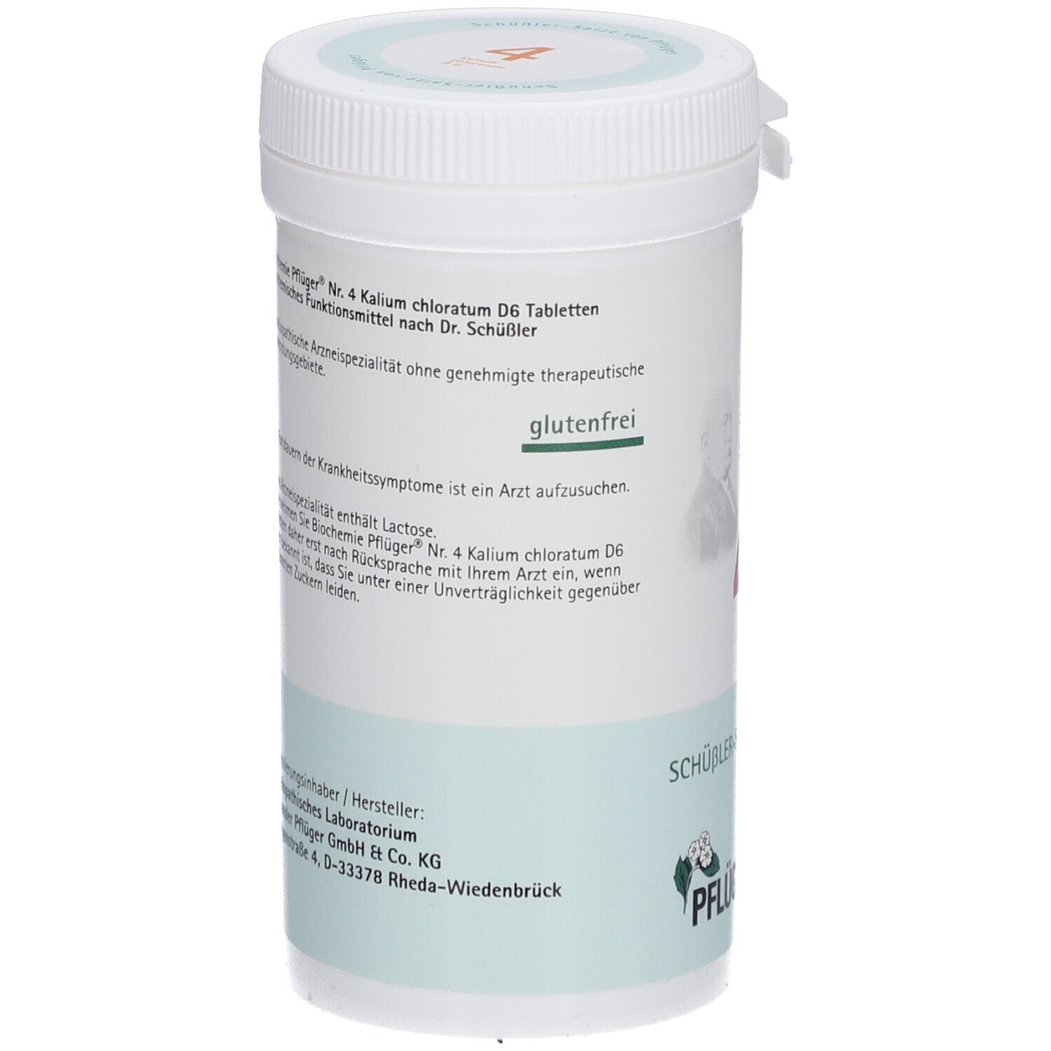 Rückseite der Tabletten-Dose mit Text. Glutenfrei-Hinweis. Hersteller: Homöopathisches Laboratorium Alexander Pflüger GmbH & Co. KG.