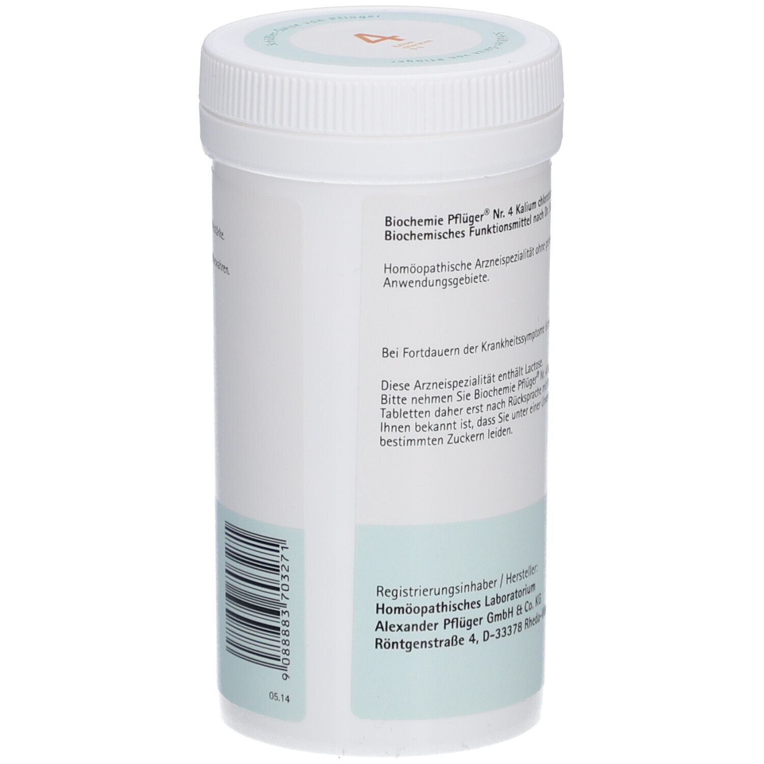 Rückseite der Tabletten-Dose mit Text. Registrierungsinhaber: Alexander Pflüger GmbH & Co. KG. Barcode.