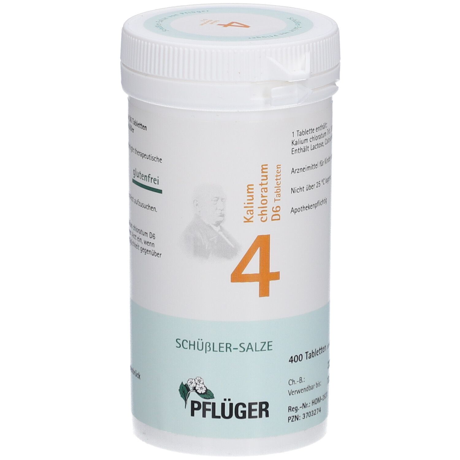 Weiße Tabletten-Dose mit Aufschrift 'Schüßler-Salze 4 Kalium chloratum D6 Tabletten'. Pflüger-Logo und 400 Tabletten.