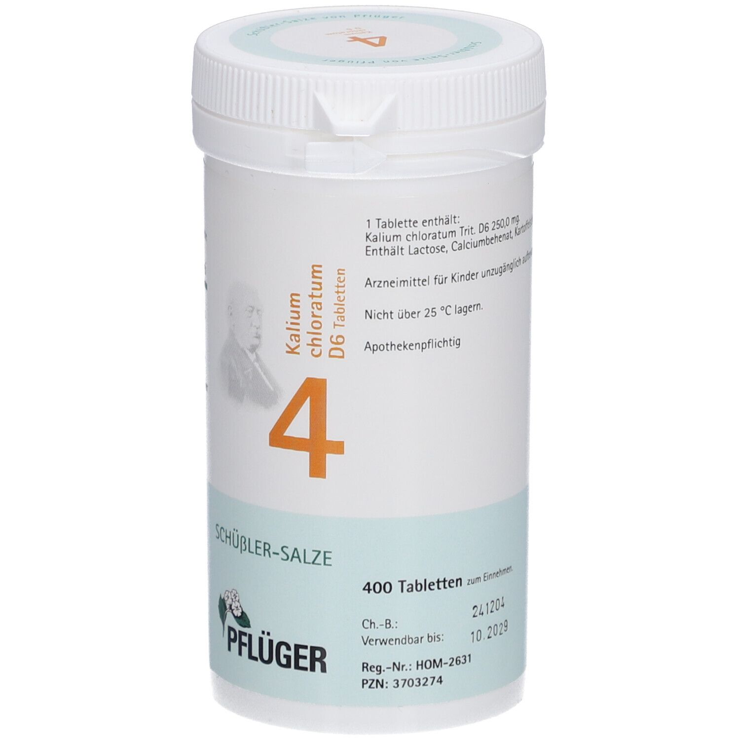 Weiße Tabletten-Dose mit Aufschrift 'Schüßler-Salze 4 Kalium chloratum D6 Tabletten'. Pflüger-Logo und 400 Tabletten. Verfallsdatum.