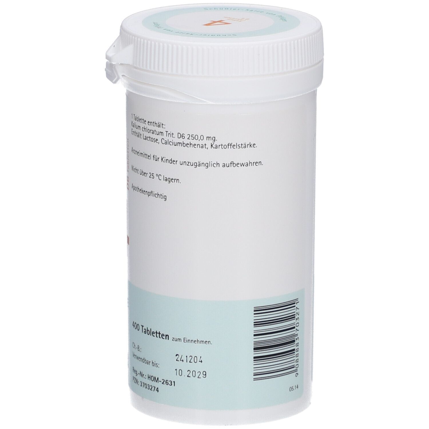 Rückseite der Tabletten-Dose mit Text. Verfallsdatum. Chargennummer. PZN-Nummer.