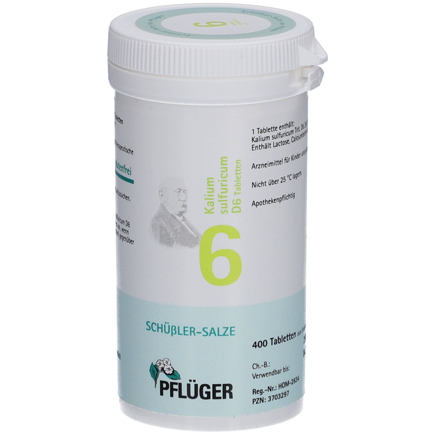 Weißes Tabletten-Behältnis mit grünem Etikett. Aufschrift: Schüßler-Salze 6 Kalium sulfuricum D6 Tabletten. Pflüger-Logo.