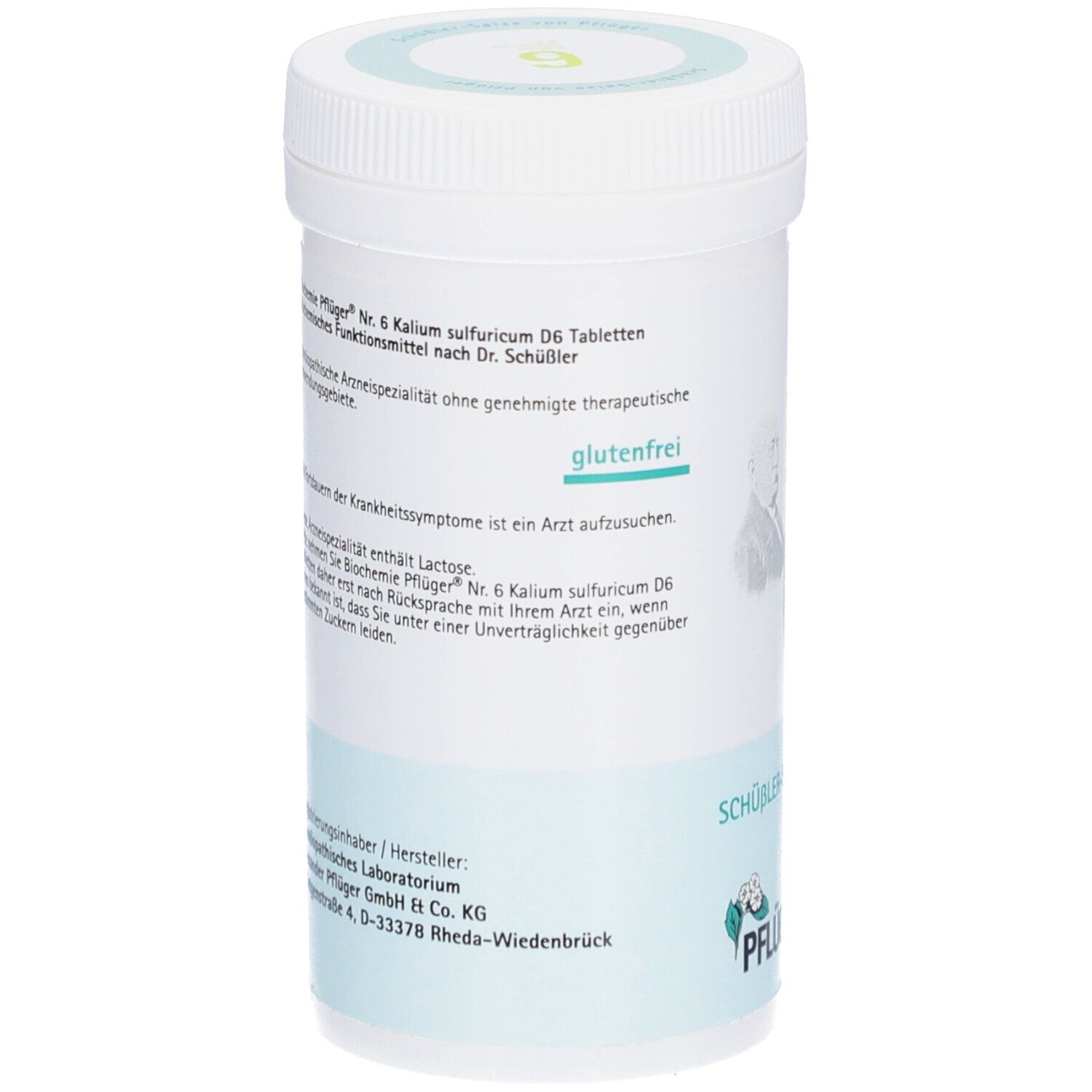 Rückseite der Tabletten-Dose. Text: Biochemie Pflüger Nr. 6 Kalium sulfuricum D6 Tabletten. Glutenfrei-Hinweis. Pflüger-Logo.