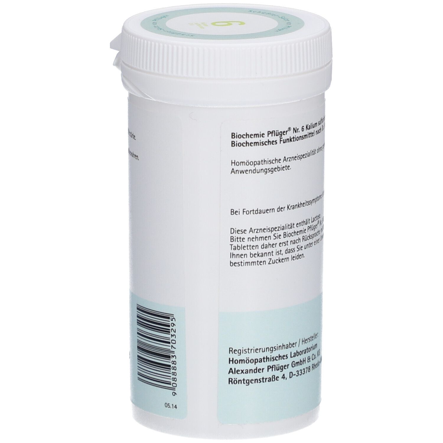 Rückseite der Tabletten-Dose mit Barcode. Text: Biochemie Pflüger Nr. 6 Kalium sulfuricum D6 Tabletten. Hersteller-Informationen.
