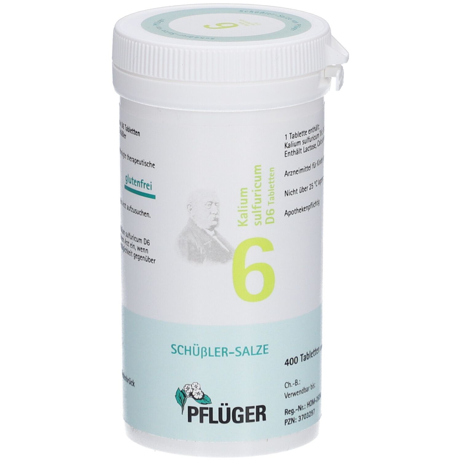 Weißes Tabletten-Behältnis mit grünem Etikett. Aufschrift: Schüßler-Salze 6 Kalium sulfuricum D6 Tabletten. Glutenfrei-Hinweis. Pflüger-Logo.