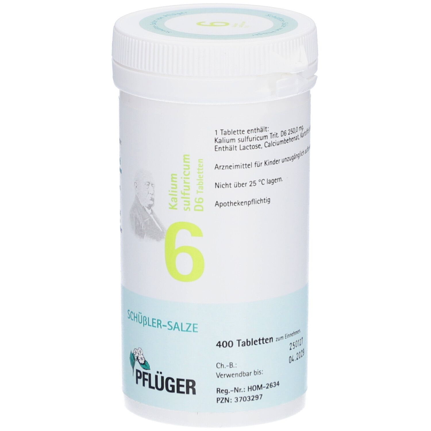 Weißes Tabletten-Behältnis mit grünem Etikett. Aufschrift: Schüßler-Salze 6 Kalium sulfuricum D6 Tabletten. 400 Tabletten. Pflüger-Logo.