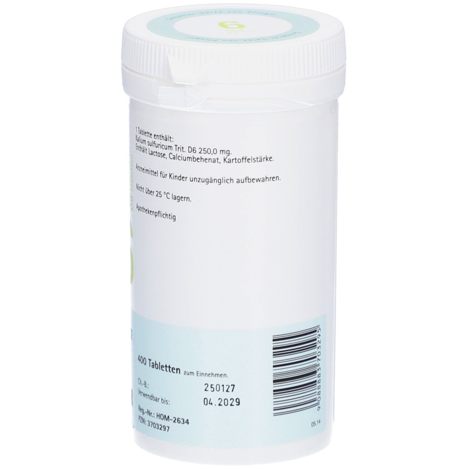 Rückseite der Tabletten-Dose. Text: Schüßler-Salze 6 Kalium sulfuricum D6 Tabletten. 400 Tabletten. Verfallsdatum.