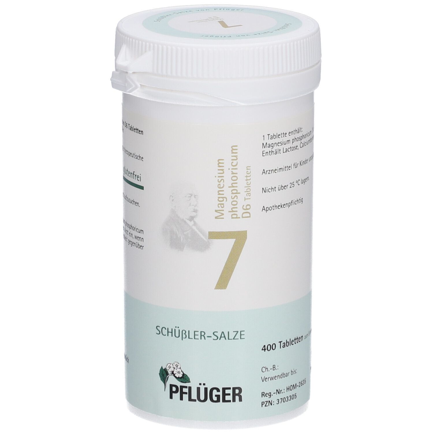 Weißes Tabletten-Behältnis mit Aufschrift 'Schüßler-Salze 7 Magnesium phosphoricum D6 Tabletten'. Enthält 400 Tabletten.