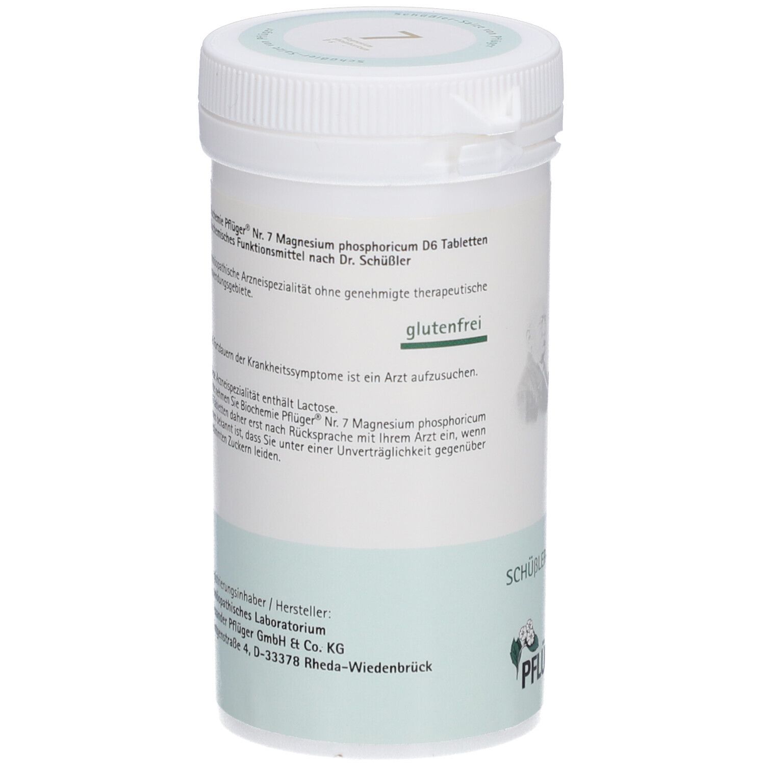 Rückseite der Tabletten-Dose mit Text. 'Glutenfrei' und Herstellerinformationen. Logo von Pflüger.