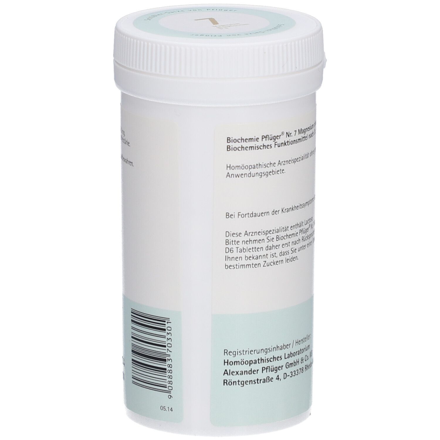 Rückseite der Tabletten-Dose mit Text. Informationen zur Anwendung und Herstellerangaben. Logo von Pflüger.
