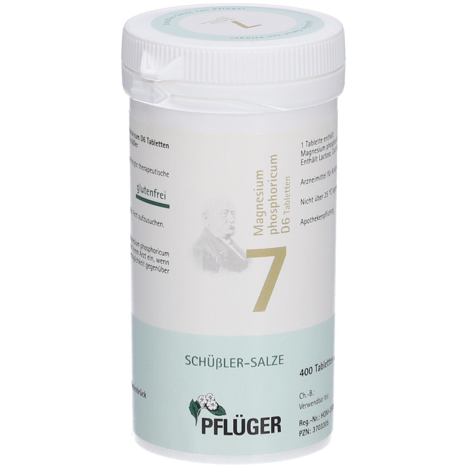 Weißes Tabletten-Behältnis mit Aufschrift 'Schüßler-Salze 7 Magnesium phosphoricum D6 Tabletten'. Enthält 400 Tabletten. Logo Pflüger.