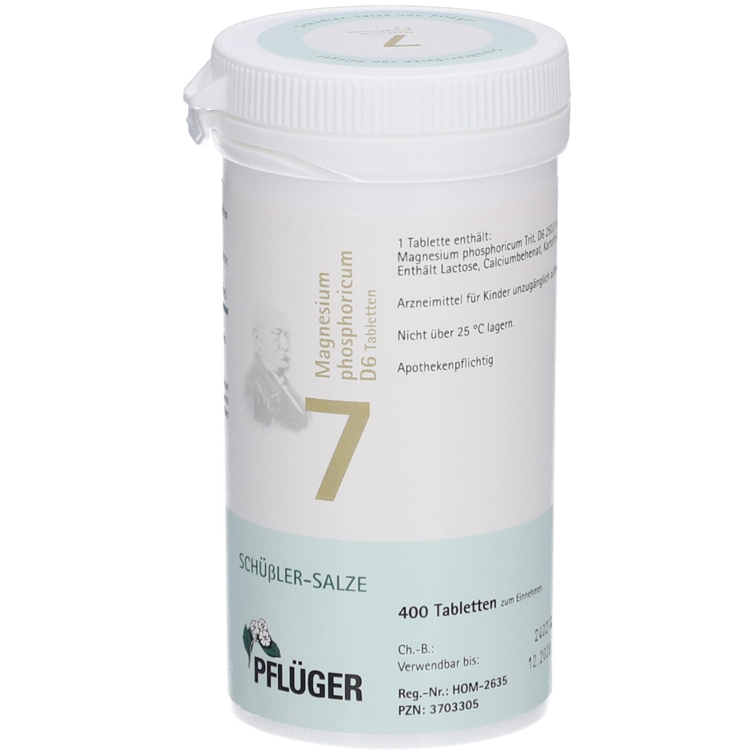Weißes Tabletten-Behältnis mit Aufschrift 'Schüßler-Salze 7 Magnesium phosphoricum D6 Tabletten'. Enthält 400 Tabletten. Apothekenpflichtig.