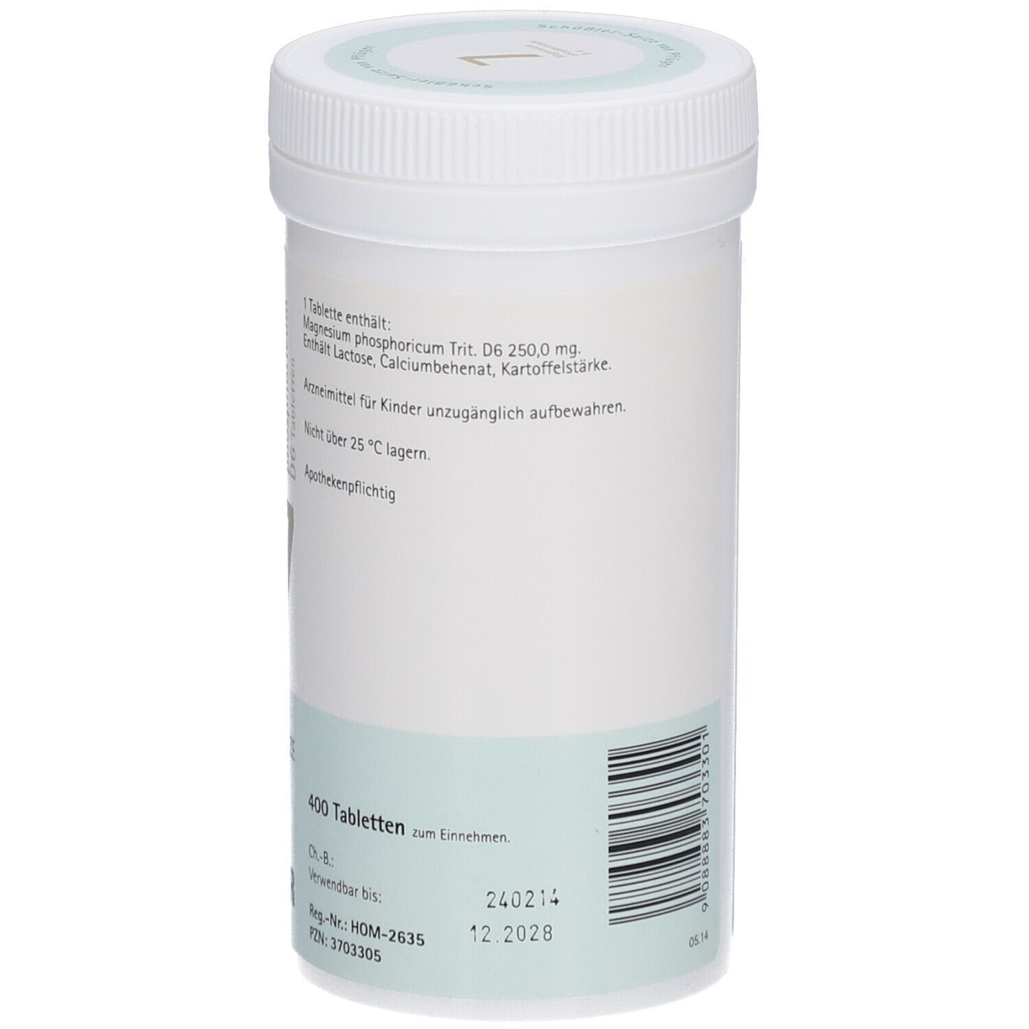 Rückseite der Tabletten-Dose mit Text. Enthält 400 Tabletten. Verfallsdatum 12.2028. Herstellerinformationen.