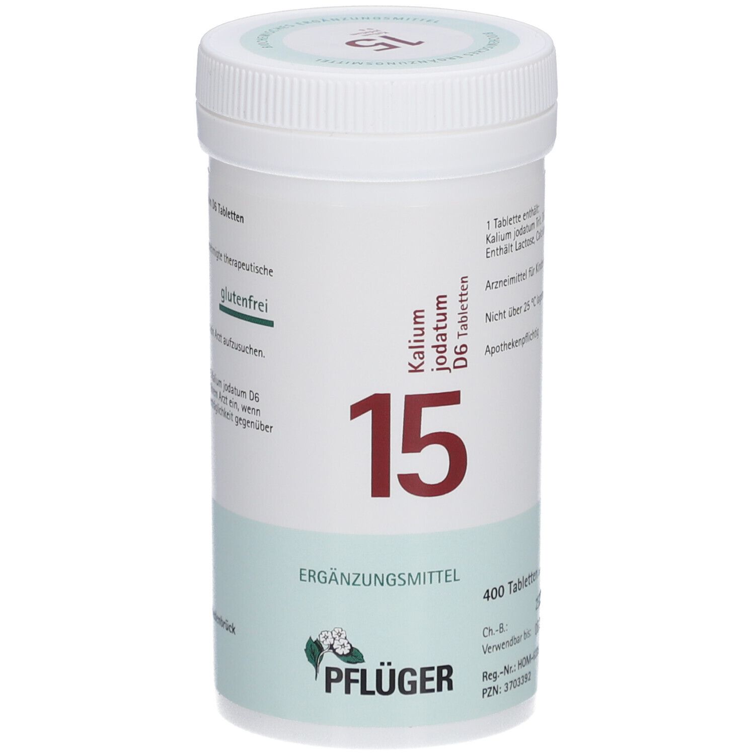Weißes Tabletten-Behältnis mit roter "15". Aufschrift: Kalium jodatum D6 Tabletten, glutenfrei. Marke: Pflüger.