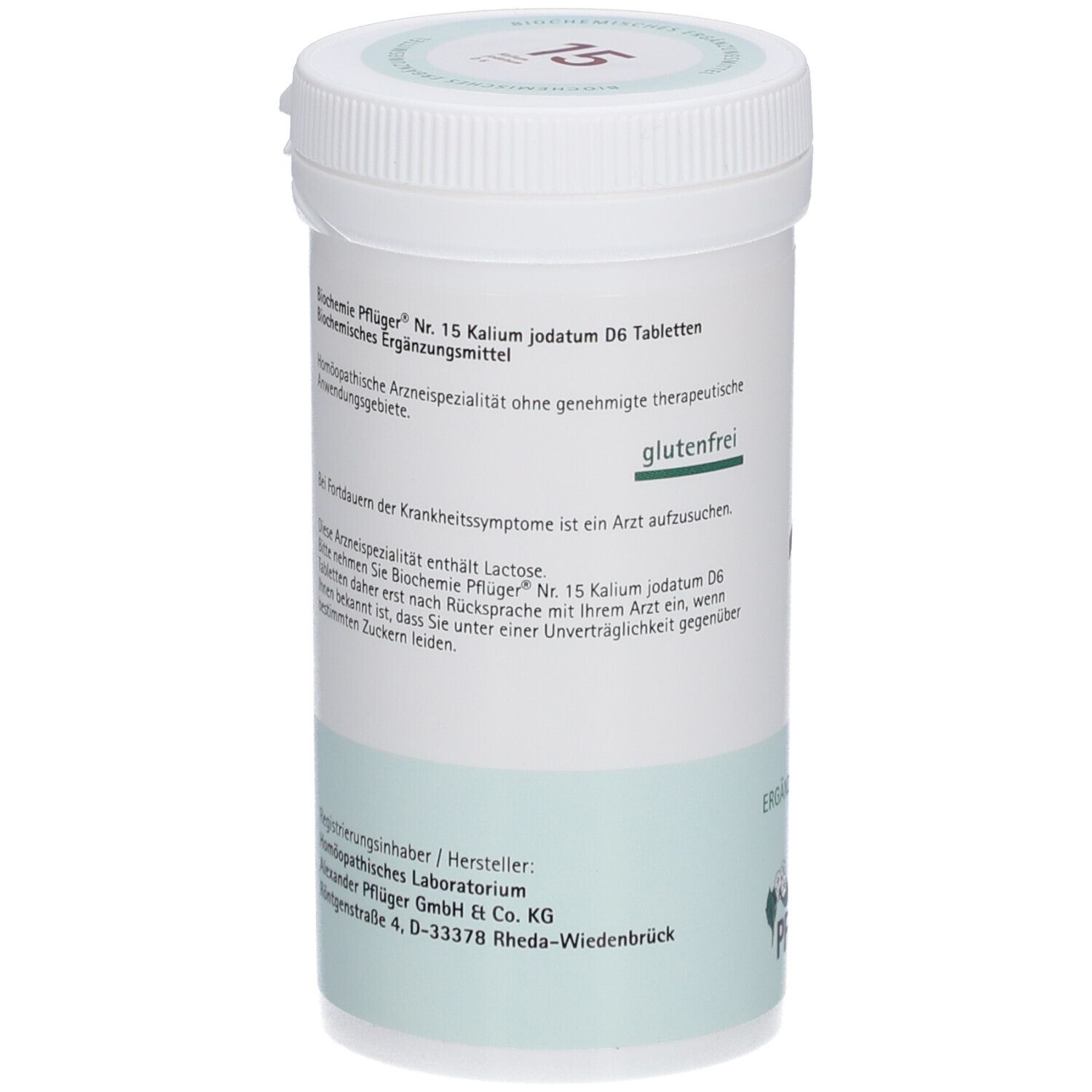 Weißes Tabletten-Behältnis. Aufschrift: Biochemie Pflüger Nr. 15 Kalium jodatum D6 Tabletten, glutenfrei. Hersteller: Pflüger.