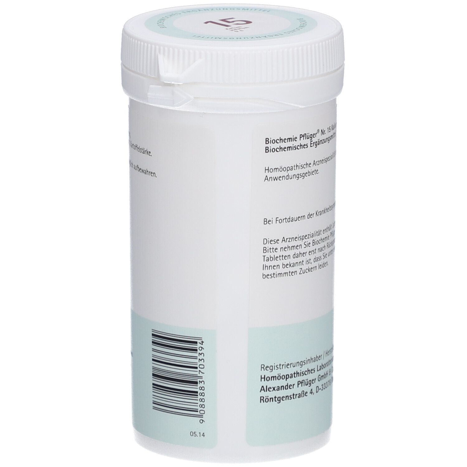 Weißes Tabletten-Behältnis mit Barcode. Aufschrift: Biochemie Pflüger Nr. 15 Kalium jodatum D6 Tabletten. Hersteller: Pflüger.