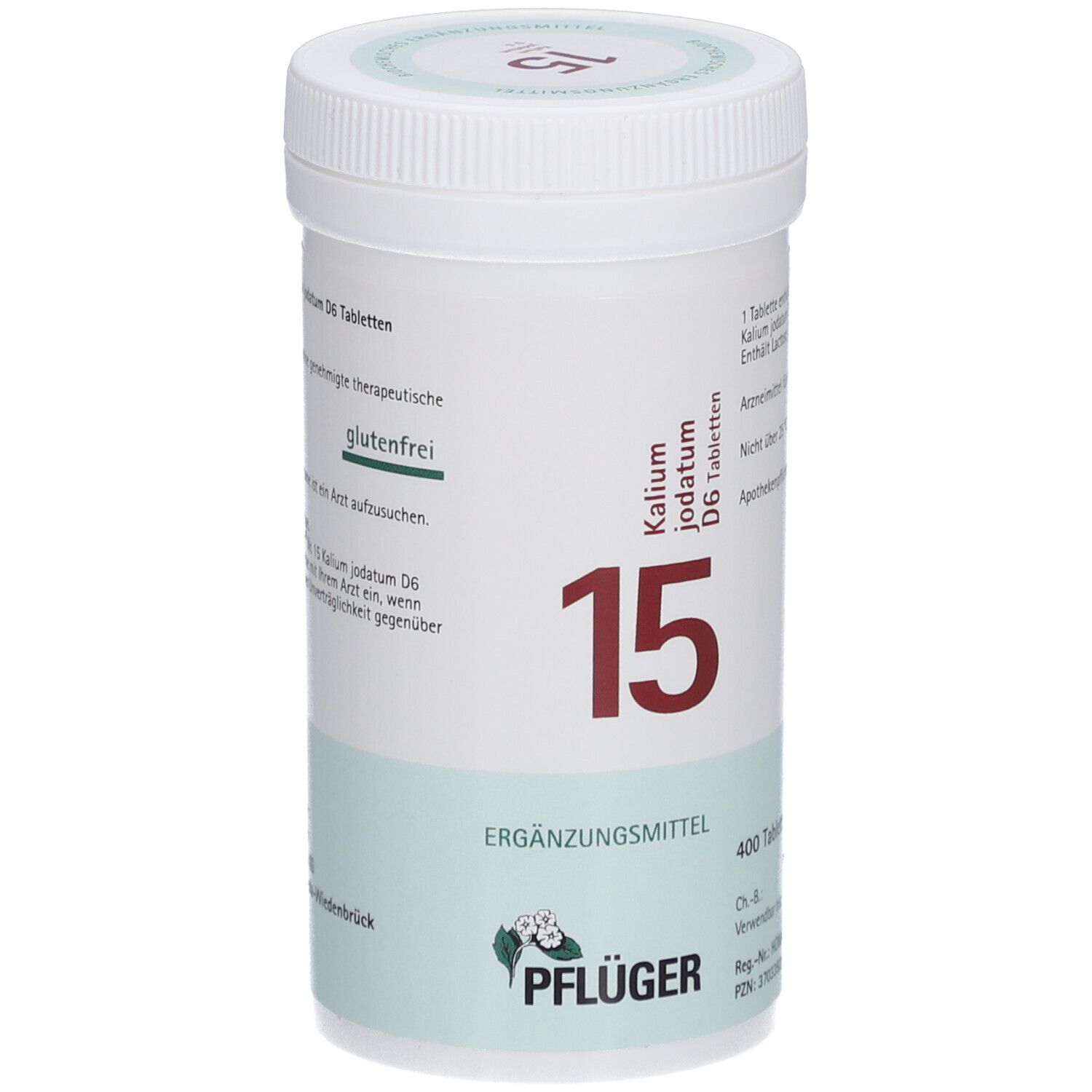 Weißes Tabletten-Behältnis mit roter "15". Aufschrift: Kalium jodatum D6 Tabletten, glutenfrei. Marke: Pflüger.