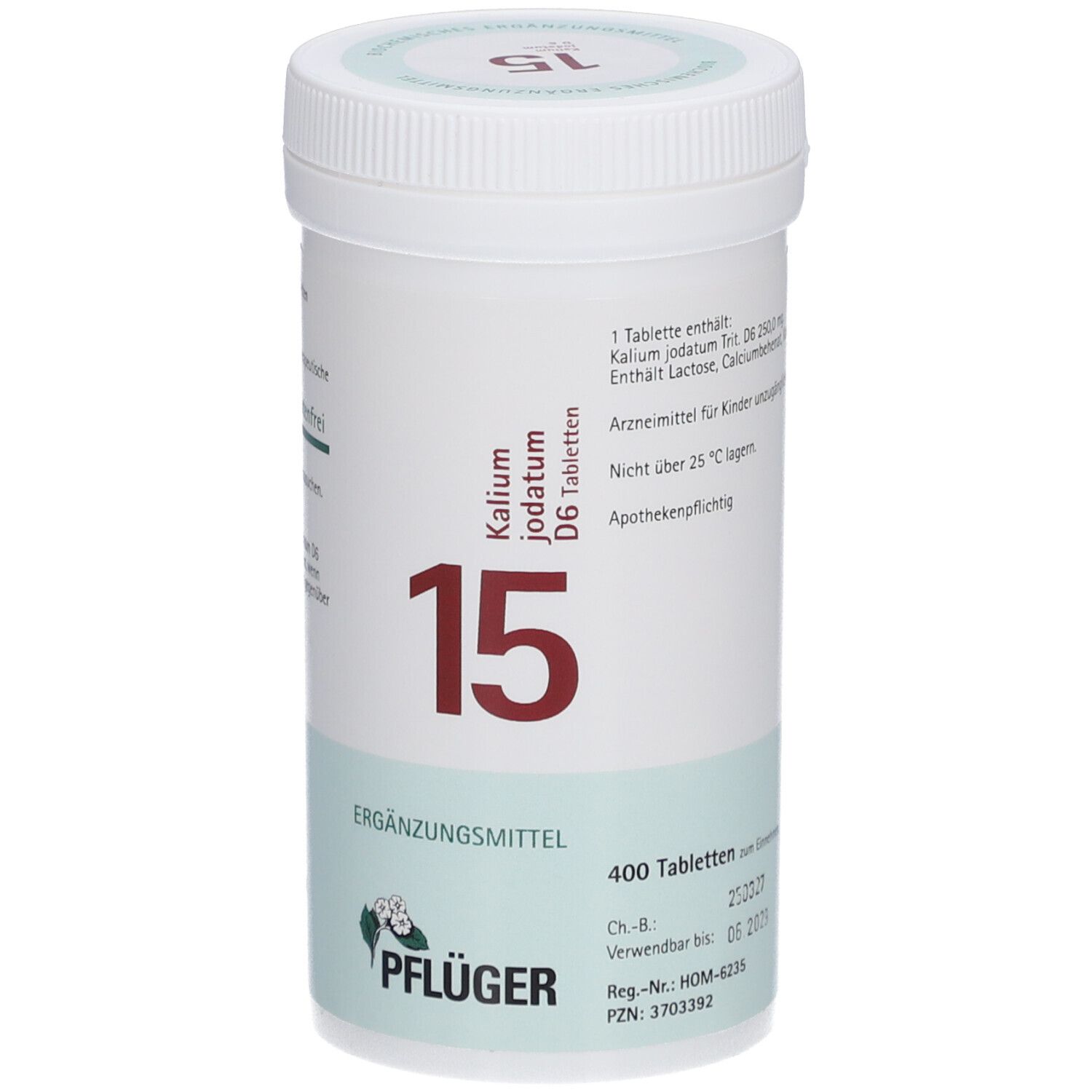 Weißes Tabletten-Behältnis mit roter "15". Aufschrift: Kalium jodatum D6 Tabletten. Enthält 400 Tabletten. Marke: Pflüger.