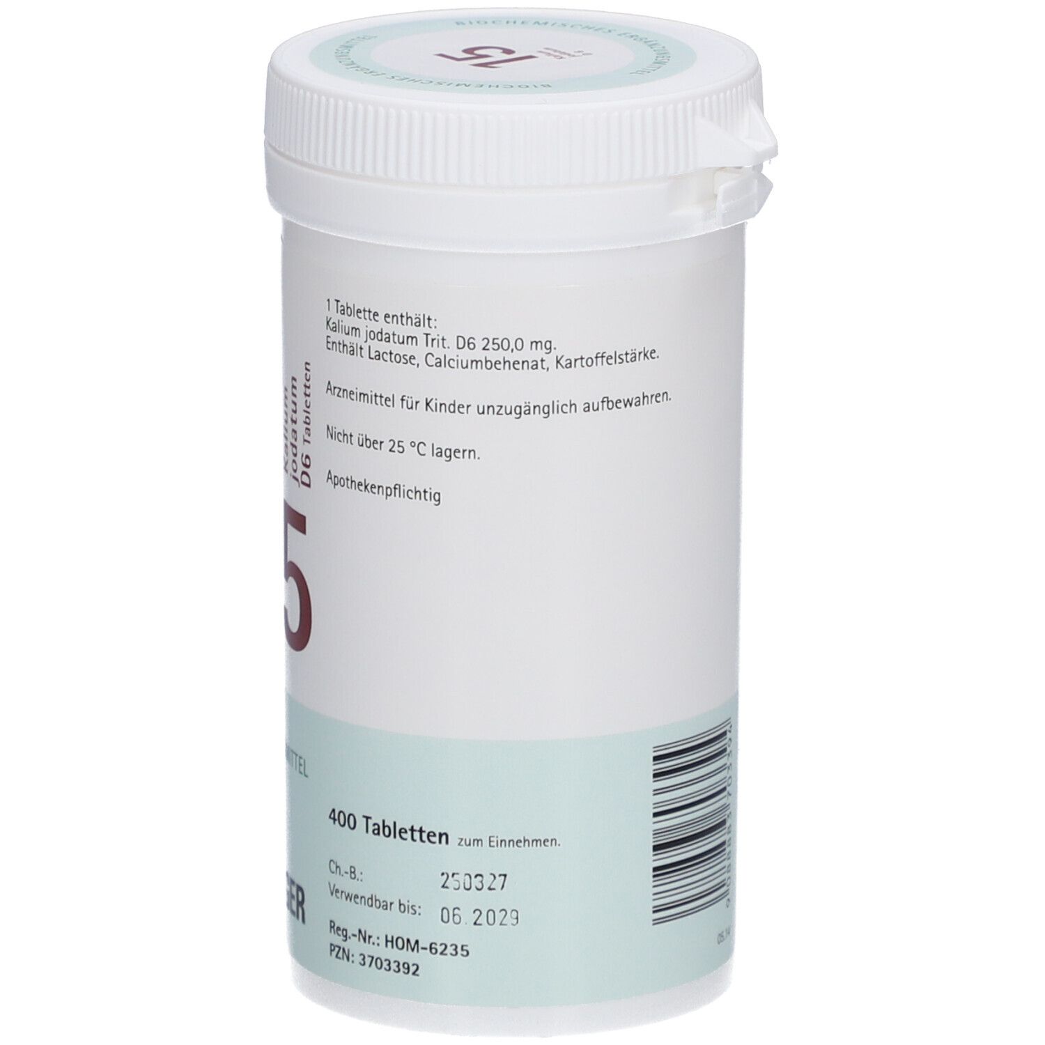 Weißes Tabletten-Behältnis mit roter "15". Aufschrift: Kalium jodatum D6 Tabletten. Enthält 400 Tabletten. Marke: Pflüger.