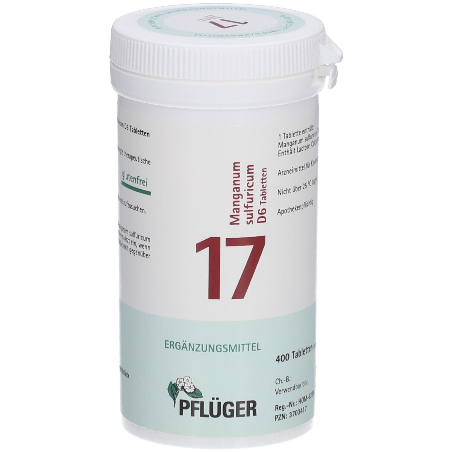 Weißes Tabletten-Behältnis mit roter Aufschrift "17". Text: "Manganum sulfuricum D6 Tabletten", "Pflüger".