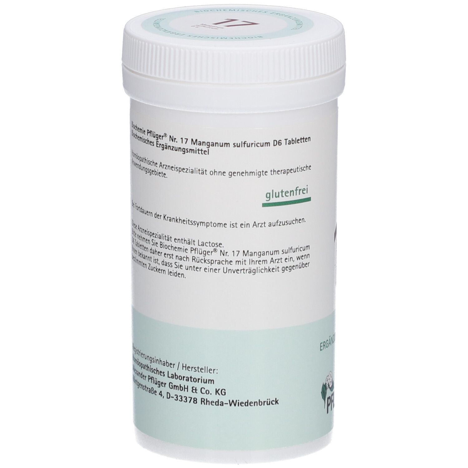 Rückseite des weißen Tabletten-Behälters. Text: "Biochemie Pflüger Nr. 17 Manganum sulfuricum D6 Tabletten", "glutenfrei".