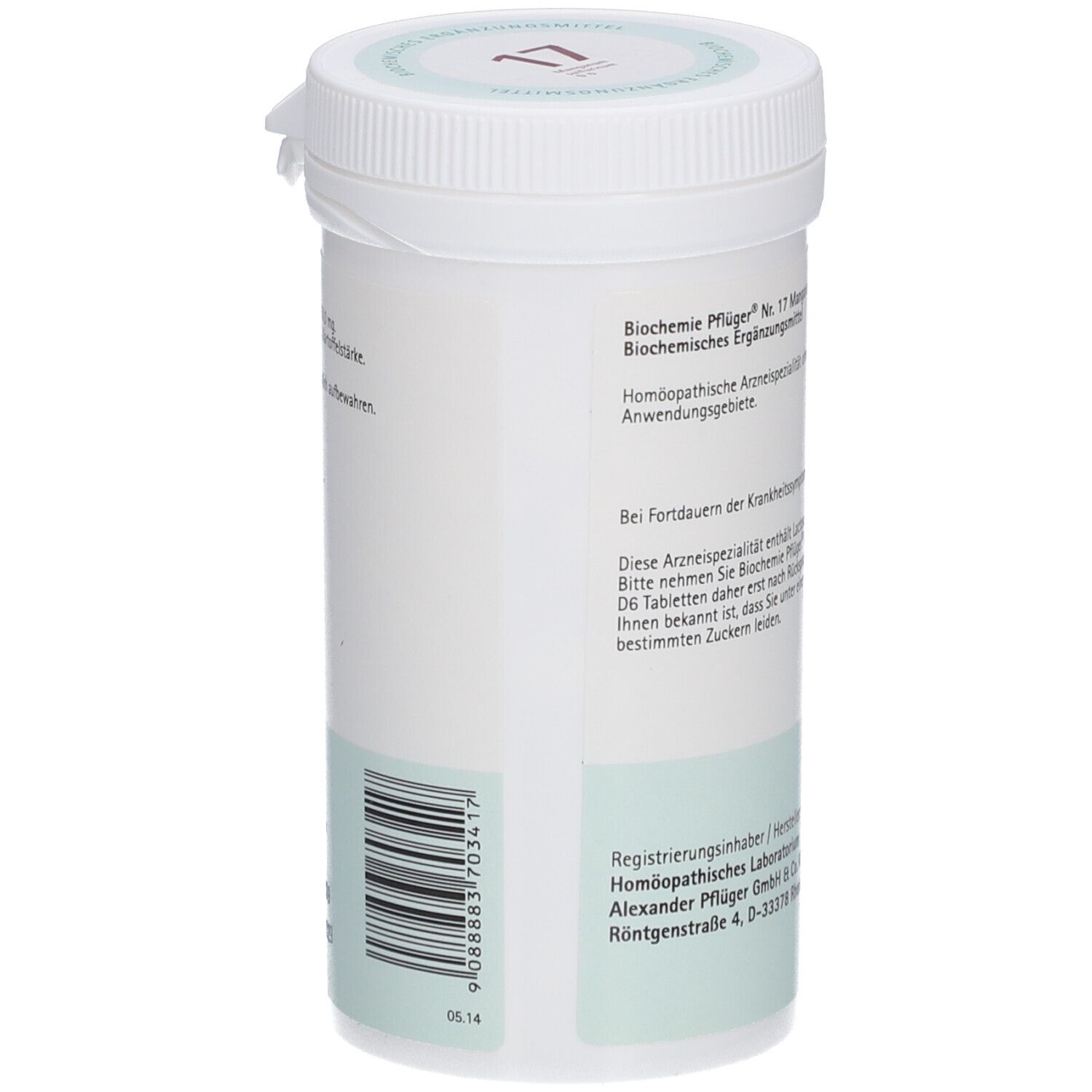 Seitenansicht des weißen Tabletten-Behälters. Barcode und Text: "Biochemie Pflüger Nr. 17".